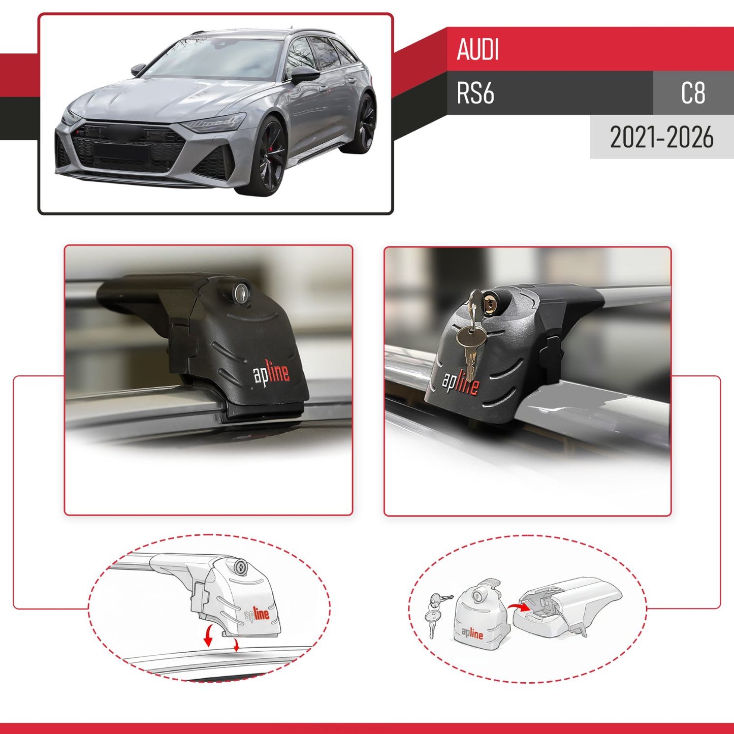 Compatible avec Audi RS6 (C8) 2021-2026 ACE-2 modèle Barres de Toit Railing Porte-Bagages de Voiture Gris Aluminium Barres