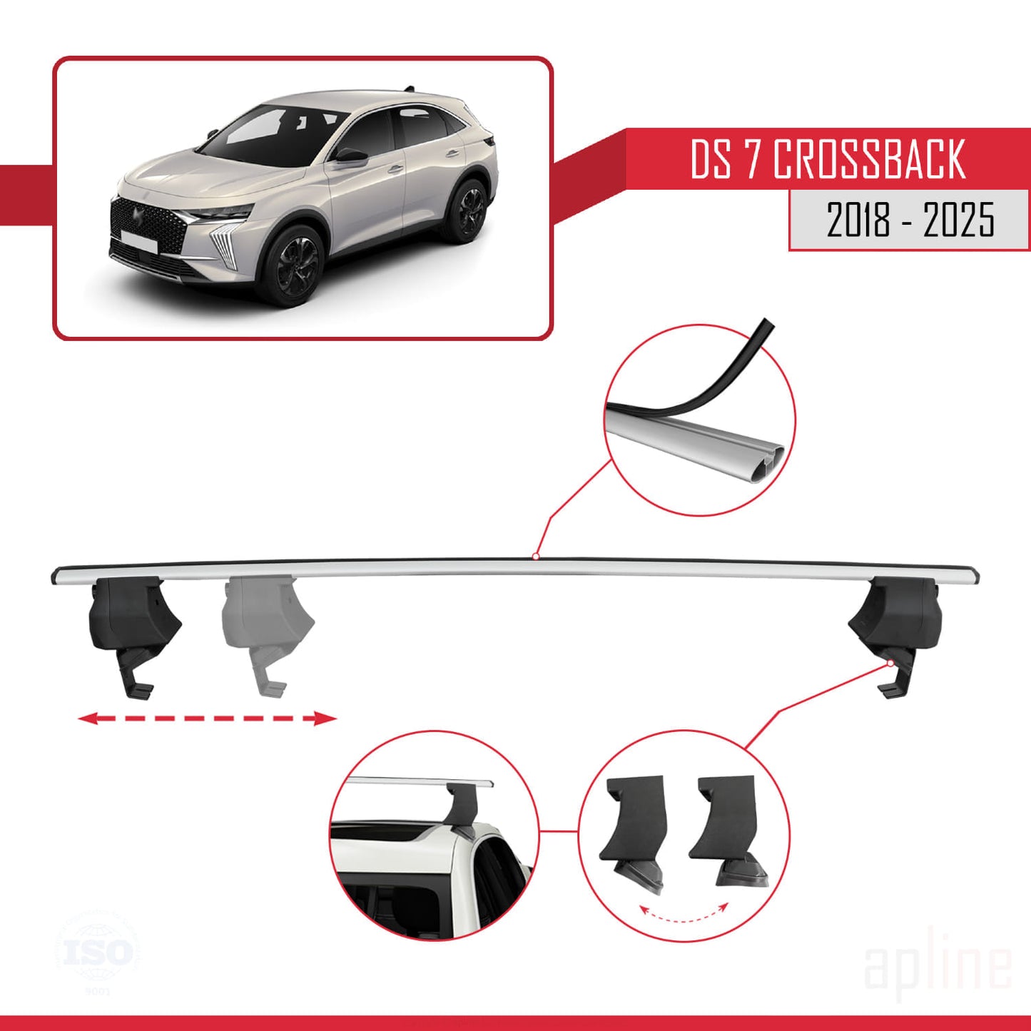 Compatible with DS 7 Crossback 2018-2025 ACE-4 Car Roof Rack Cross Bar Grey Aluminium 2 Bars