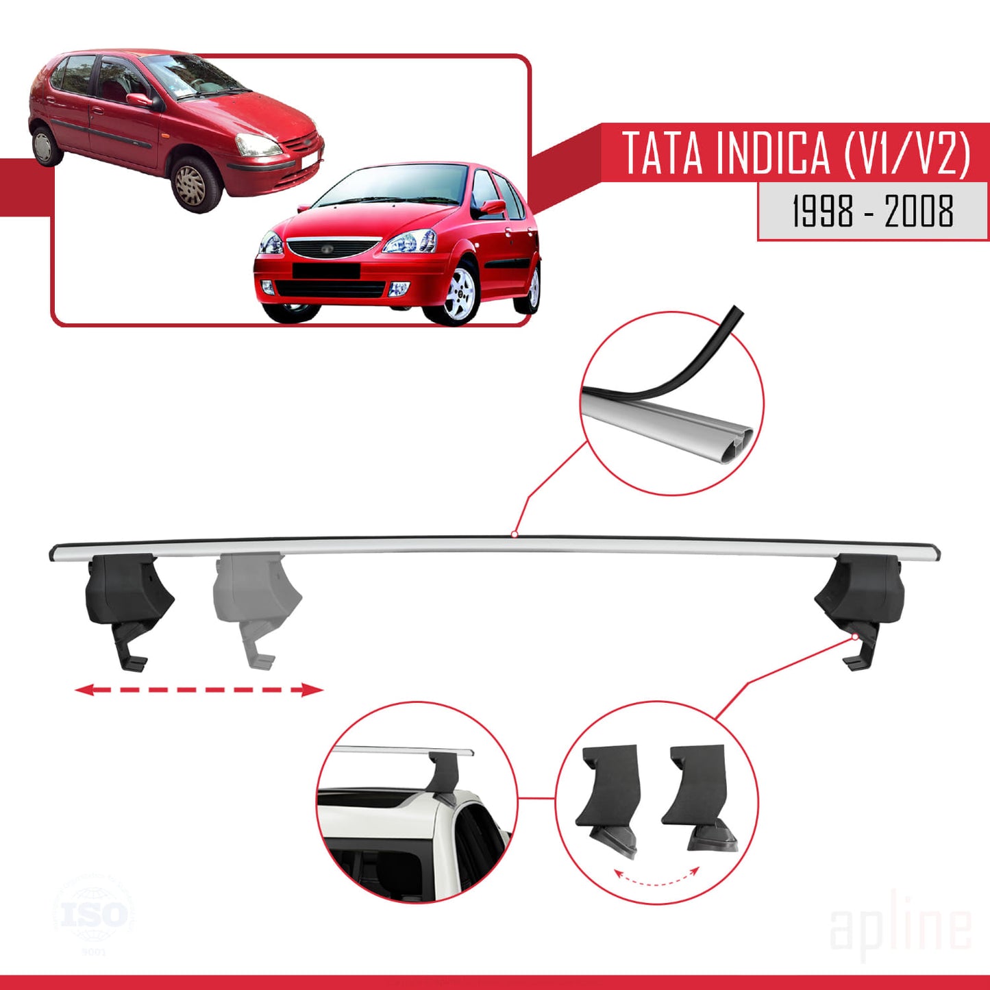 Compatible with Tata Indica (V1/V2) 1998-2008 ACE-4 Car Roof Rack Cross Bar Grey Aluminium 2 Bars