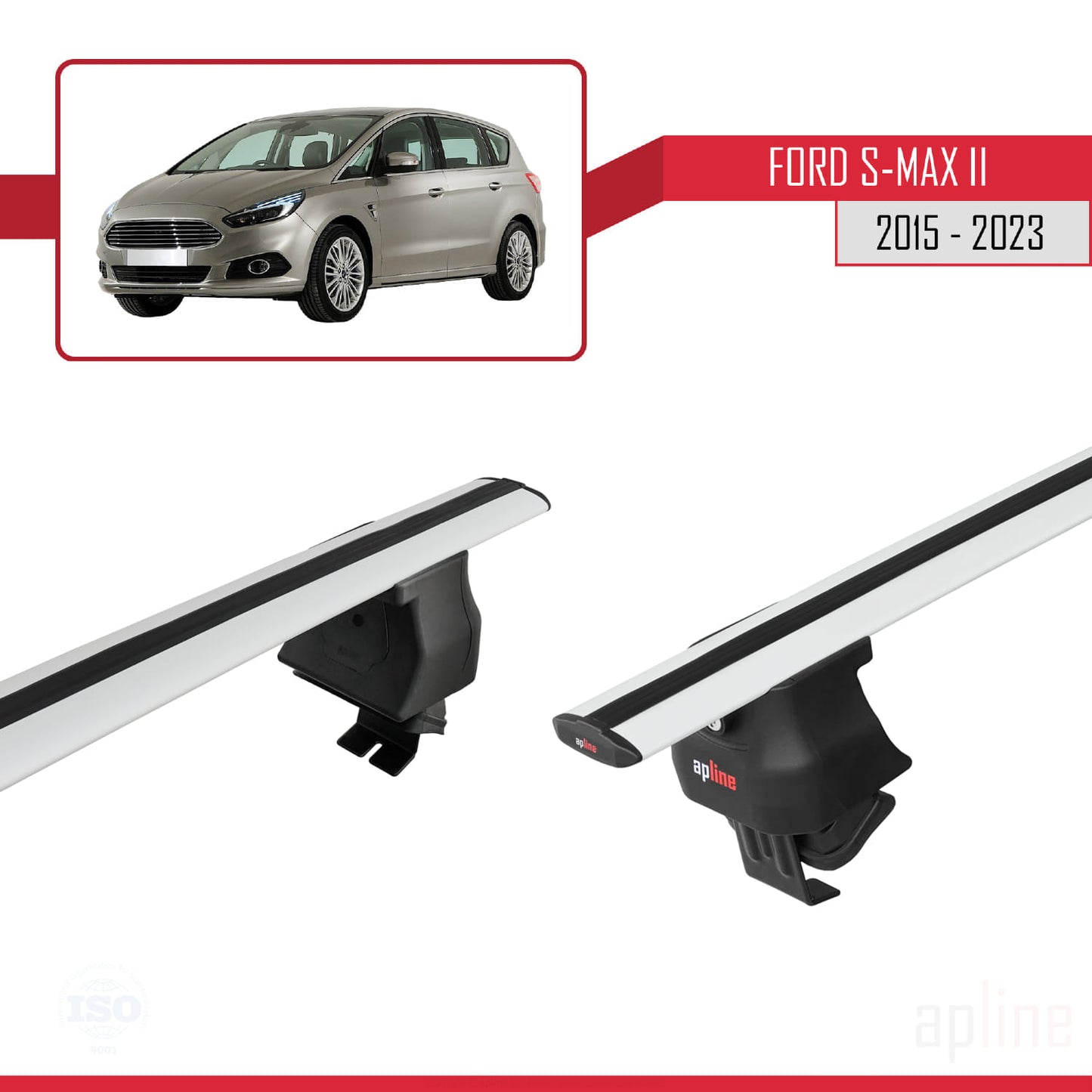 Compatible with Ford S-Max 2 (CD539) 2015-2023 ACE-4 Car Roof Rack Cross Bar Grey Aluminium 2 Bars