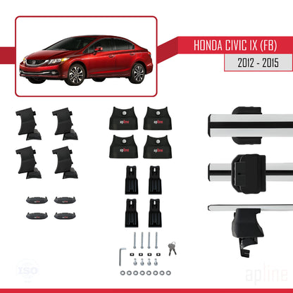 Compatible avec Honda Civic 9 (FB) Berline 2012-2015 ACE-4 Barres de Toit Railing Porte-Bagages de Voiture Gris Aluminium 2 Barres