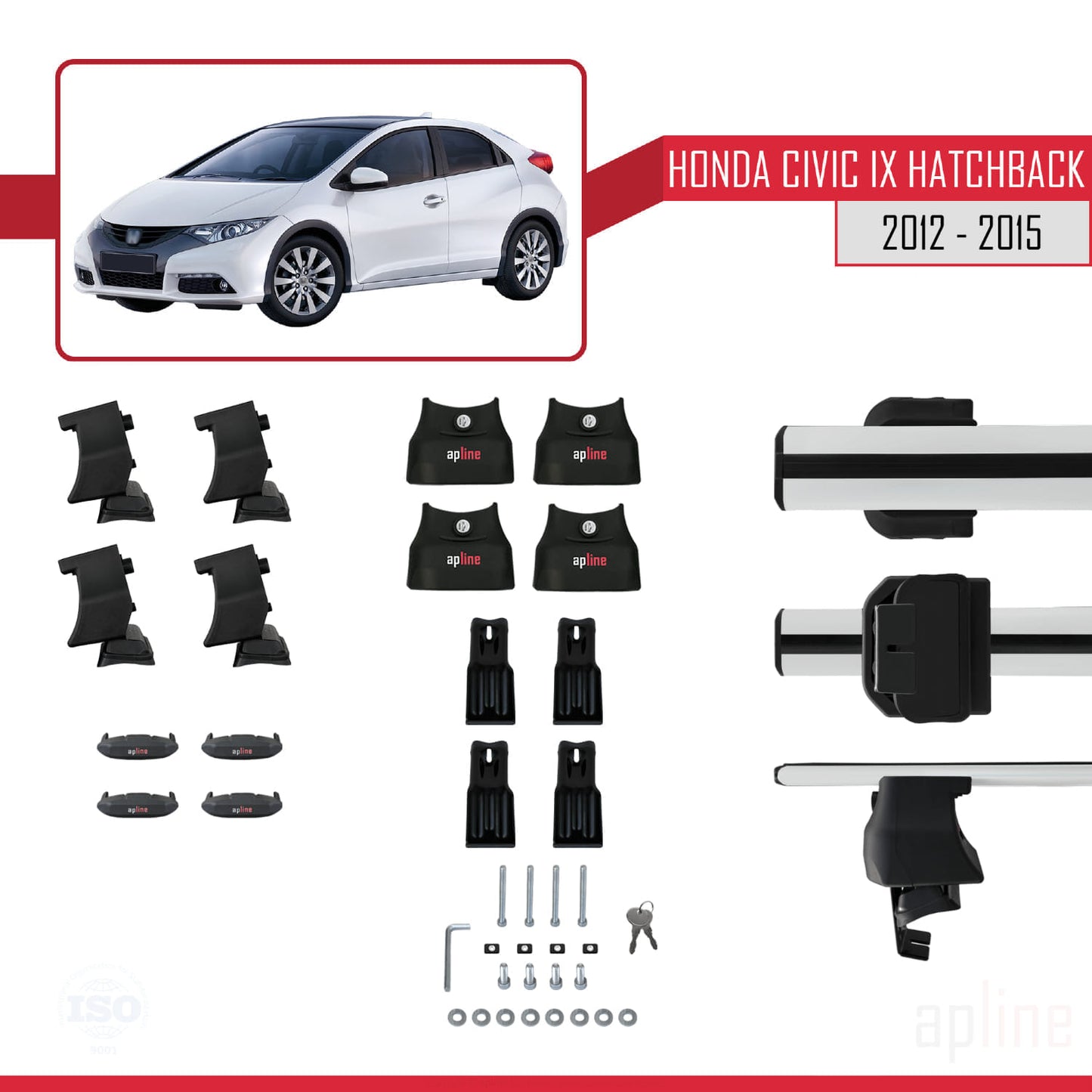 Compatible avec Honda Civic 9 (FK) HB 2012-2015 ACE-4 Barres de Toit Railing Porte-Bagages de Voiture Gris Aluminium 2 Barres