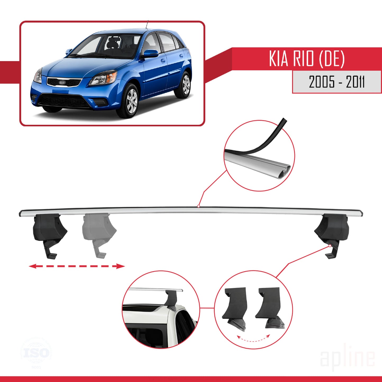 Compatible with Kia Rio 2 (JB) HB 2005-2011 ACE-4 Car Roof Rack Cross Bar Grey Aluminium 2 Bars
