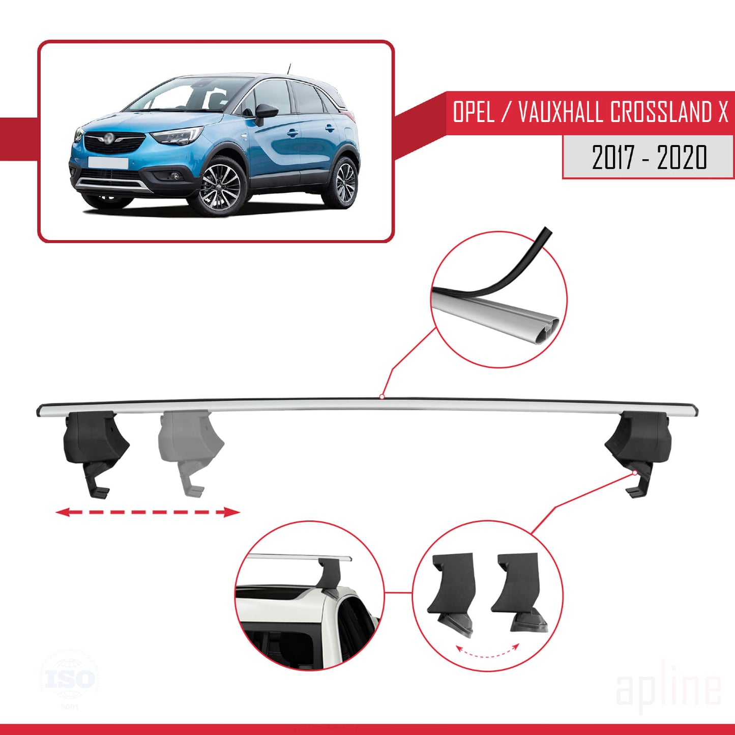 Compatible with Opel/Vauxhall Crossland X 2017-2020 ACE-4 Car Roof Rack Cross Bar Grey Aluminium 2 Bars