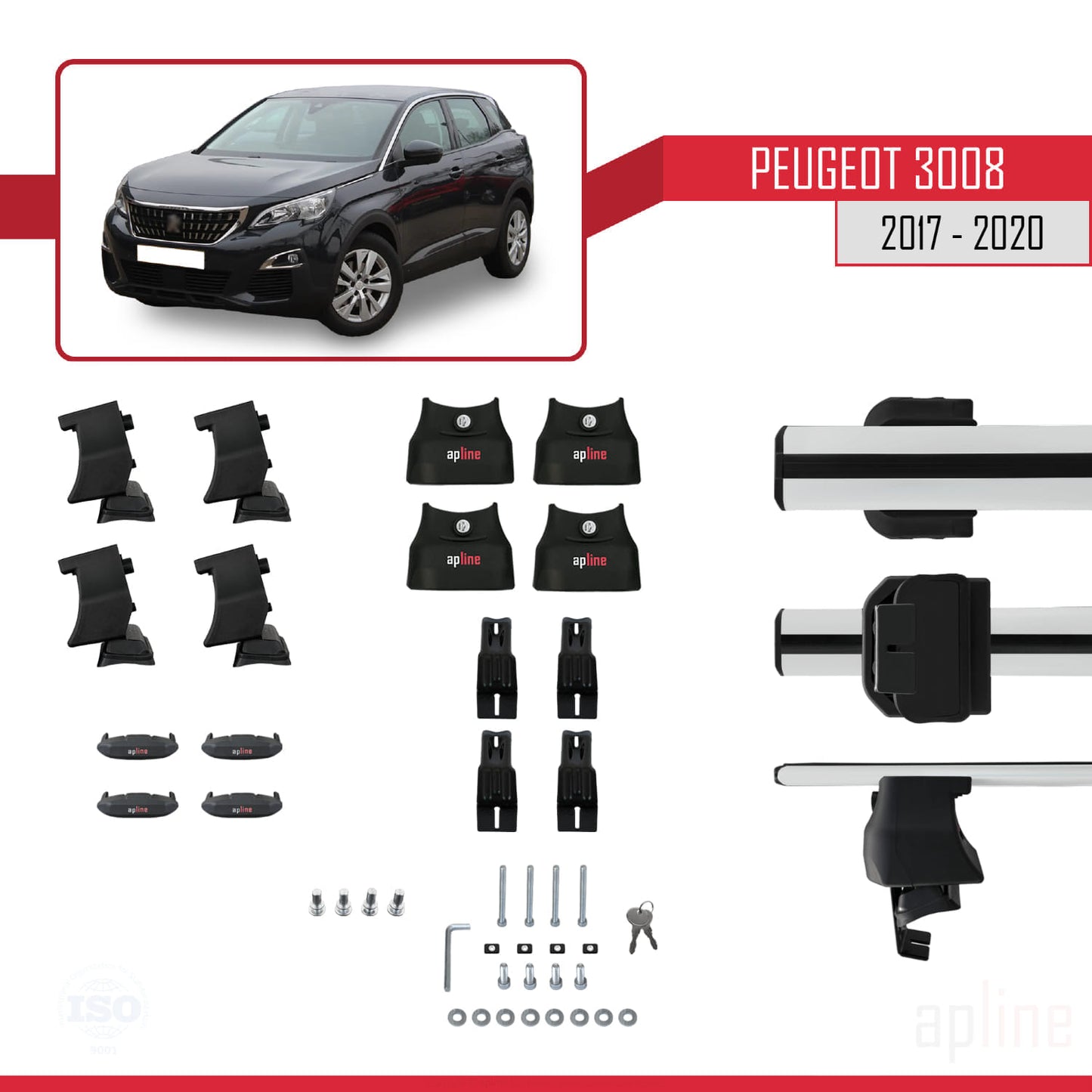 Compatible with Peugeot 3008 II (P84) Pre-Facelift 2017-2020 ACE-4 Car Roof Rack Cross Bar Grey Aluminium 2 Bars
