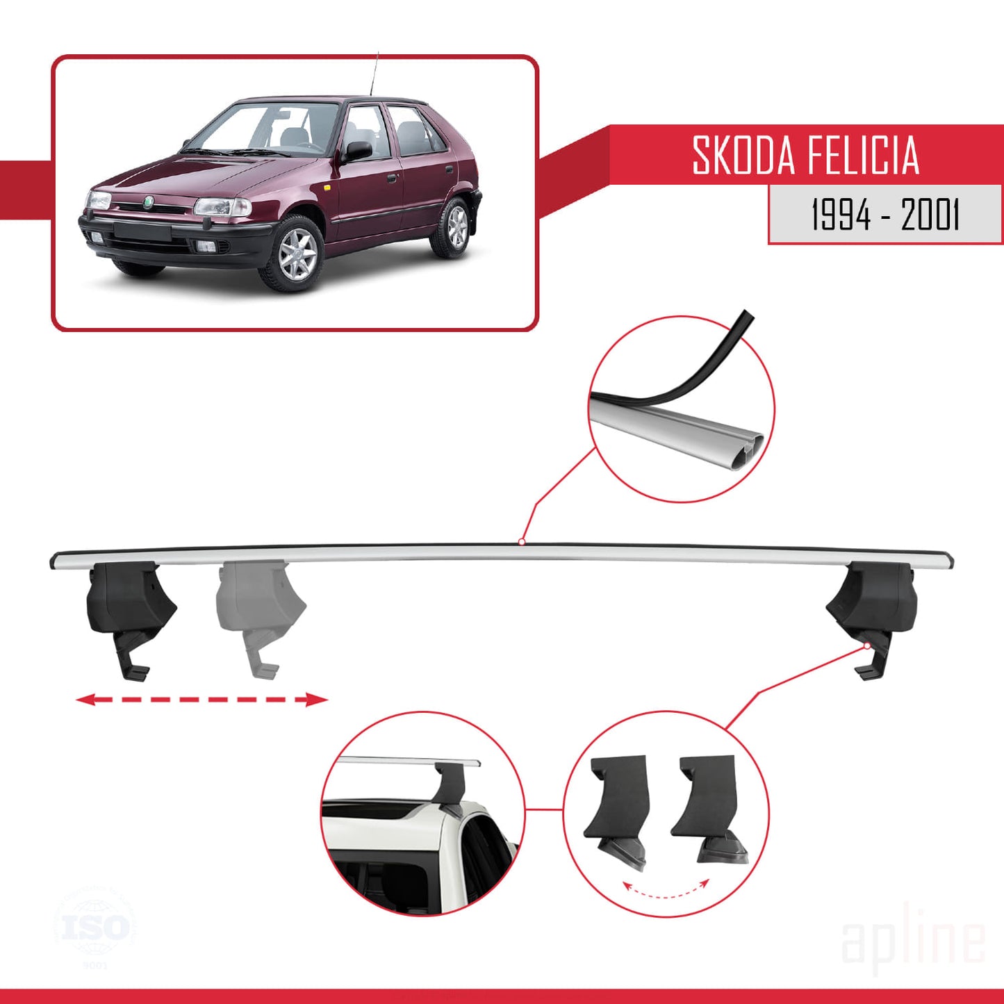 Compatible with Skoda Felicia 1994-2001 ACE-4 Car Roof Rack Cross Bar Grey Aluminium 2 Bars