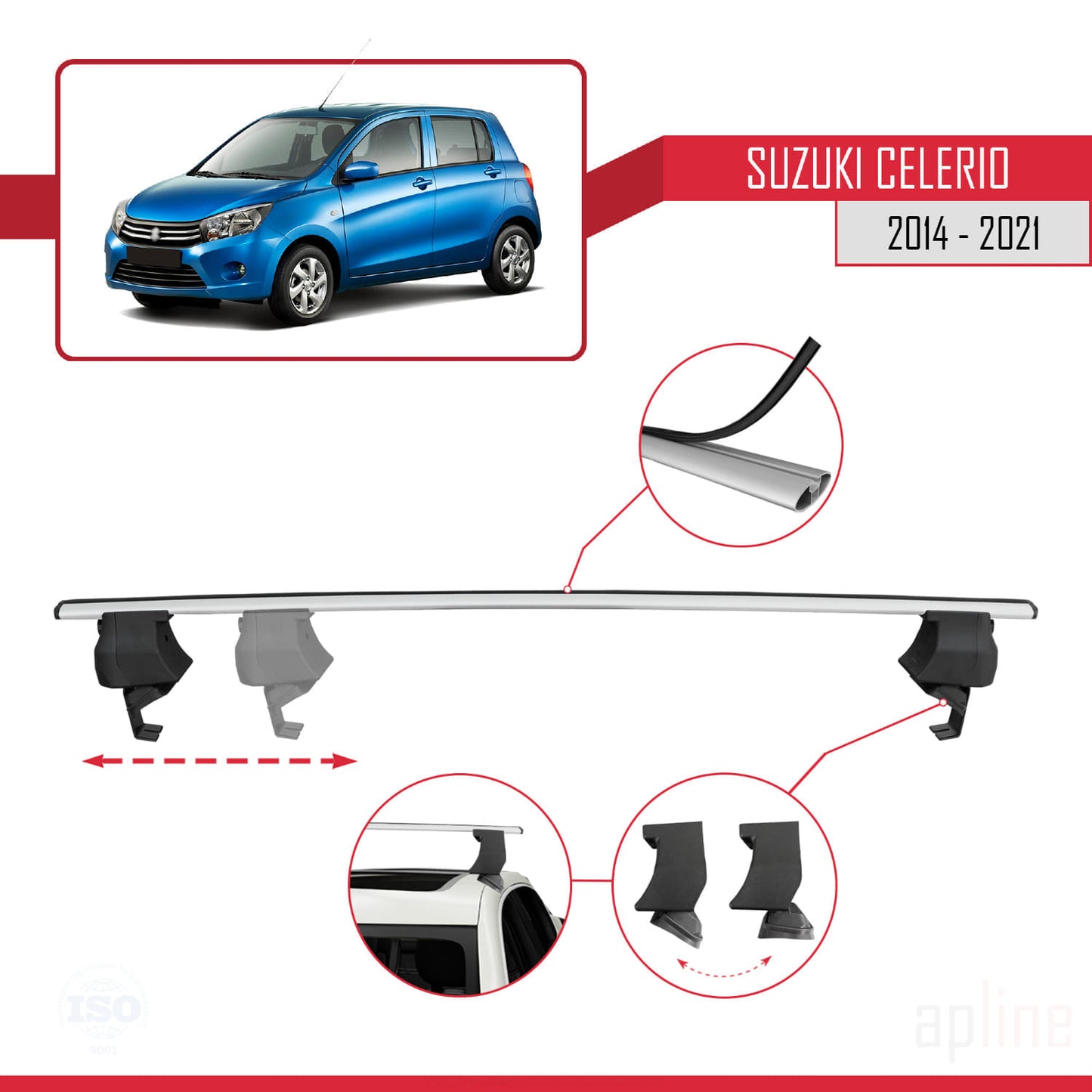 Compatible avec Suzuki Celerio 2 (FE) 2014-2021 ACE-4 Barres de Toit Railing Porte-Bagages de Voiture Gris Aluminium 2 Barres