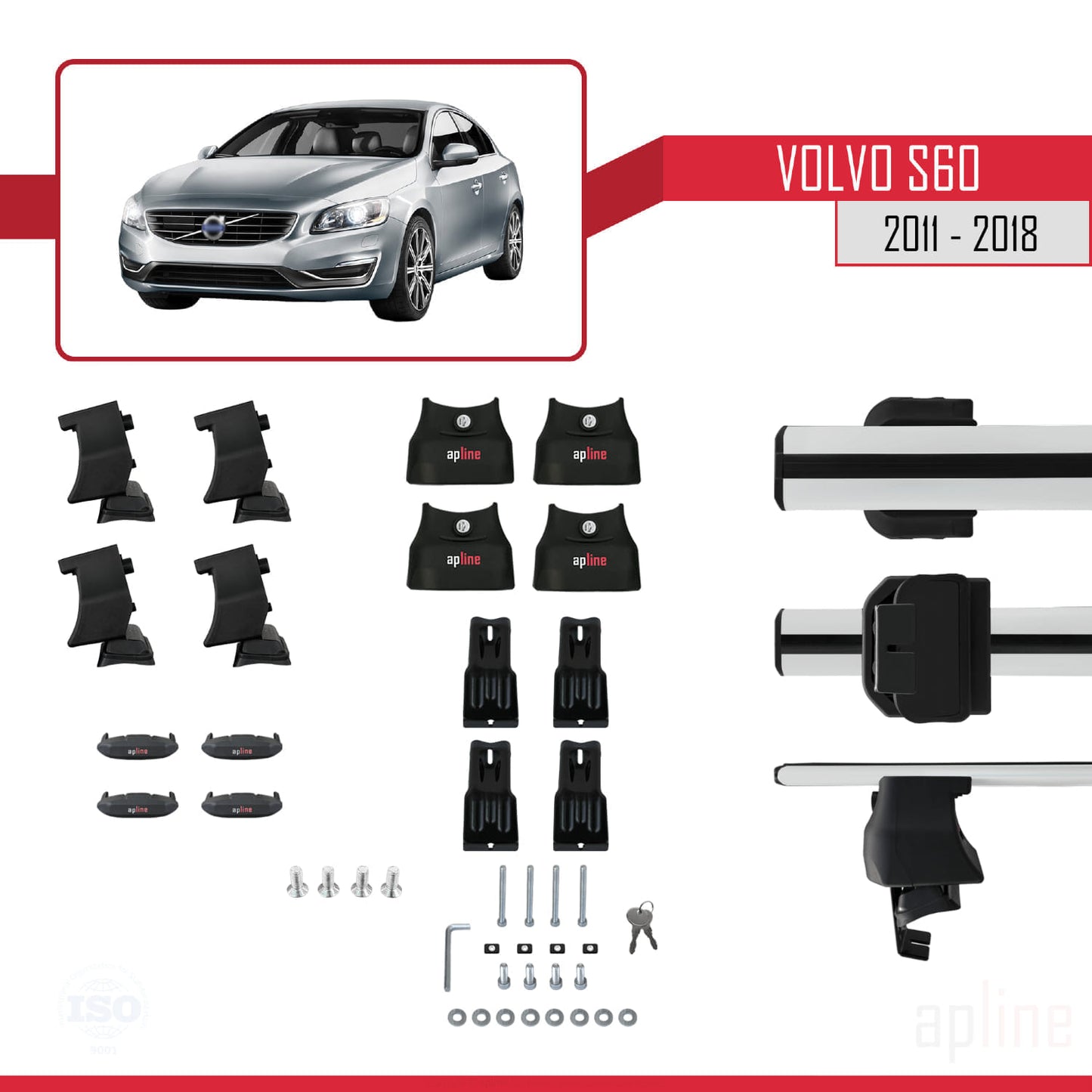 Compatible avec Volvo S60 II 2011-2018 ACE-4 Barres de Toit Railing Porte-Bagages de Voiture Gris Aluminium 2 Barres