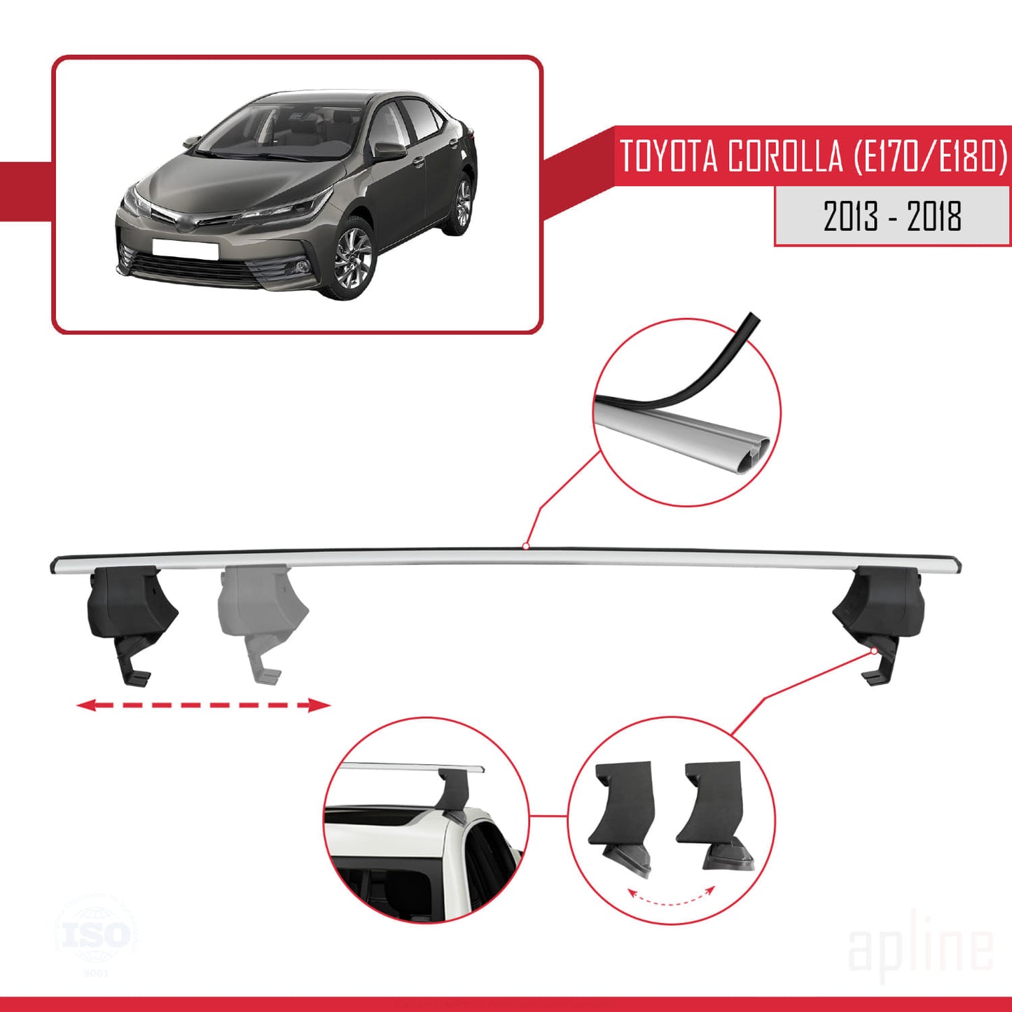 Compatible avec Toyota Corolla 11 (E180) 2013-2018 ACE-4 Barres de Toit Railing Porte-Bagages de Voiture Gris Aluminium 2 Barres