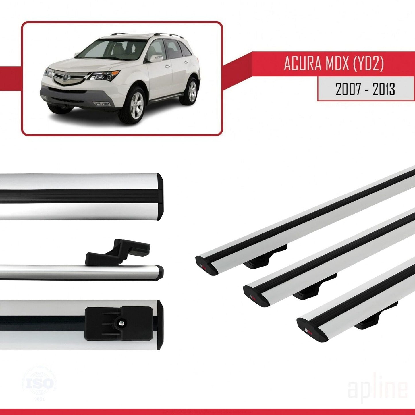 Compatible avec Acura MDX (YD2) 2007-2013 BASIC Model Barres de Toit Railing Porte-Bagages de Voiture Gris Aluminium 3 Barres