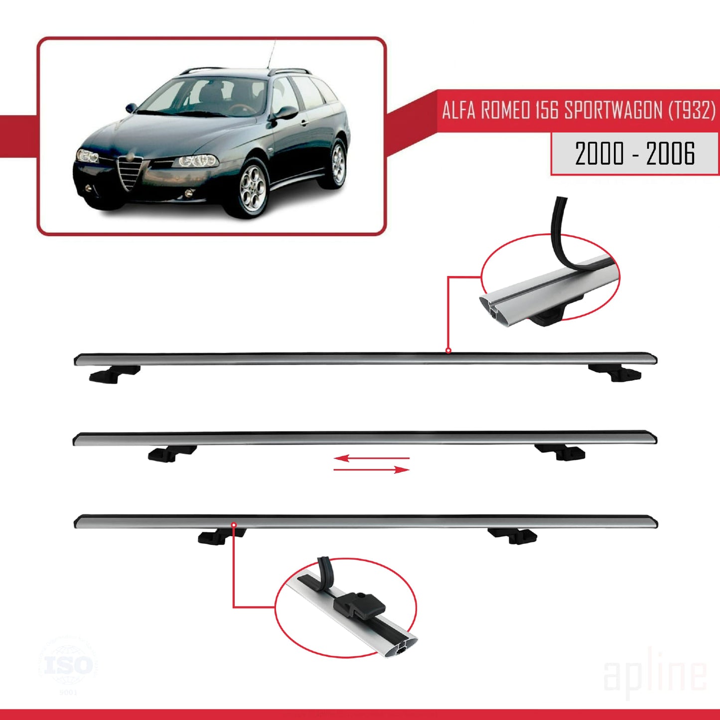 Compatible avec Alfa Romeo 156 (T932) Break 2000-2006 BASIC Model Barres de Toit Railing Porte-Bagages de Voiture Gris Aluminium 2 Barres