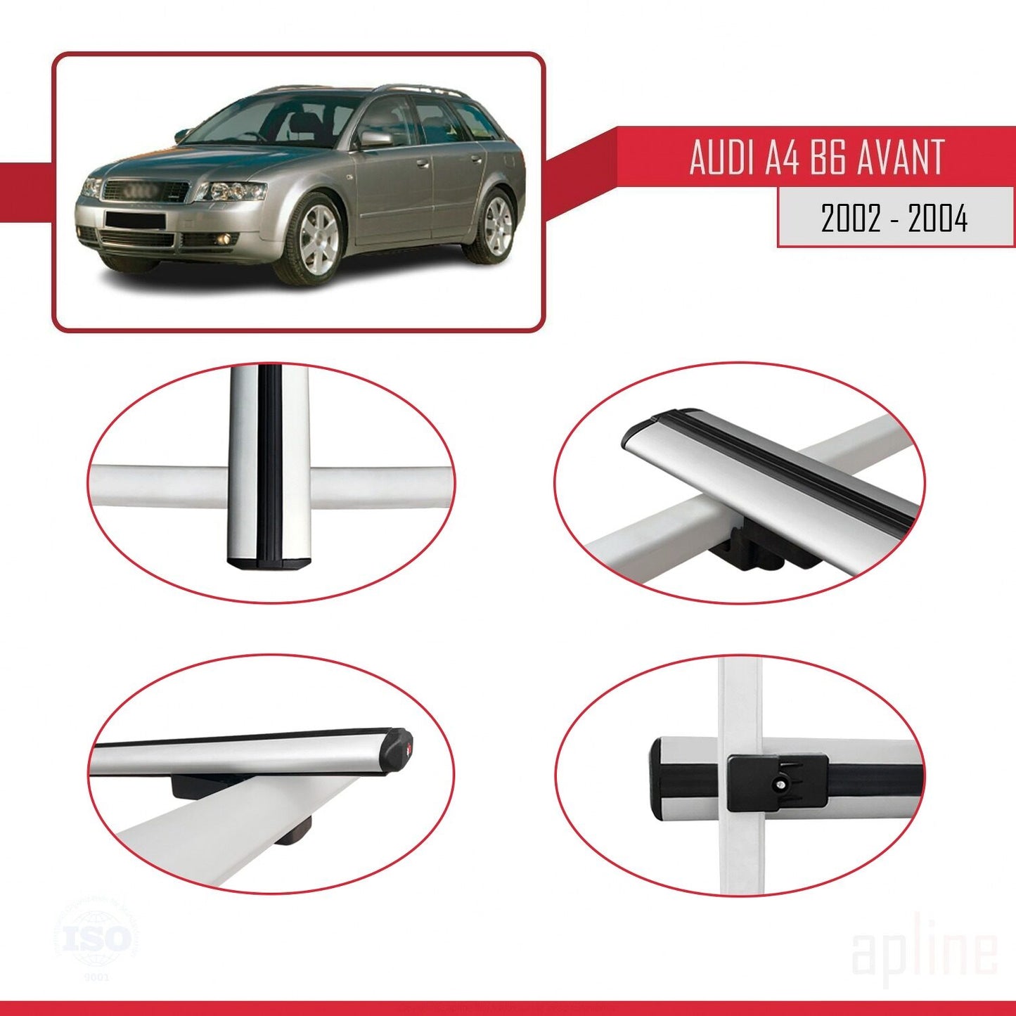 Compatible avec A4 (B6) Avant 2002-2004 BASIC Model Barres de Toit Railing Porte-Bagages de Voiture Gris Aluminium 2 Barres