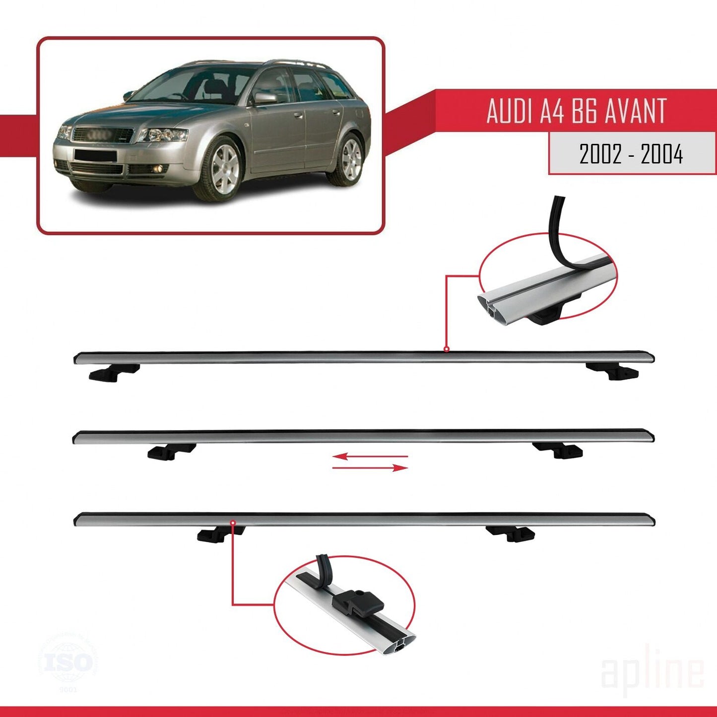 Compatible avec A4 (B6) Avant 2002-2004 BASIC Model Barres de Toit Railing Porte-Bagages de Voiture Gris Aluminium 2 Barres