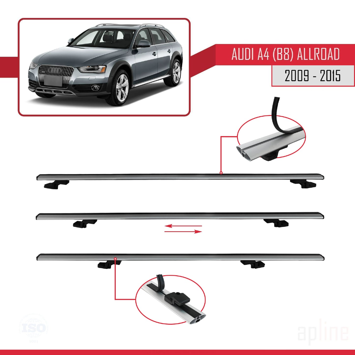 Compatible avec A4 (B8) Allroad 2009-2015 BASIC Model Barres de Toit Railing Porte-Bagages de Voiture Gris Aluminium 2 Barres