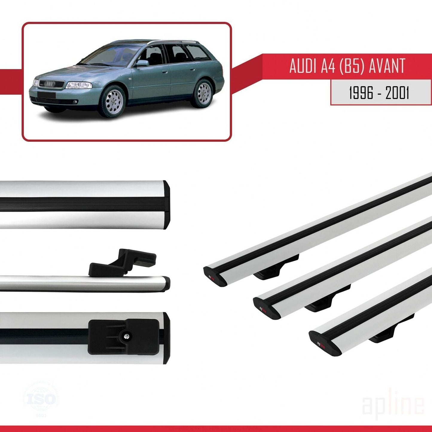 Compatible avec A4 (B5) Avant 1996-2001 BASIC Model Barres de Toit Railing Porte-Bagages de Voiture Gris Aluminium 3 Barres