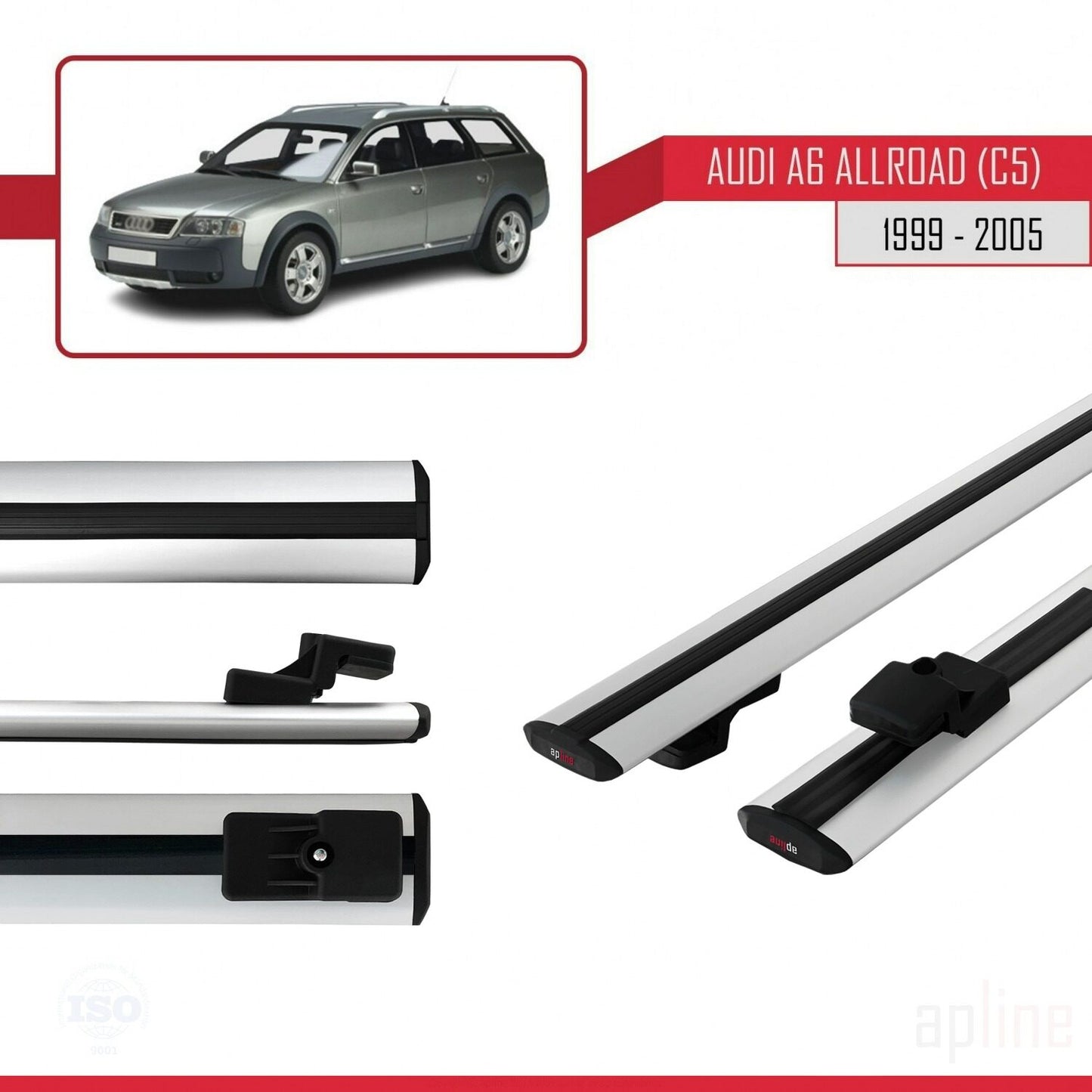 Compatible avec A6 (C5) Allroad 1999-2005 BASIC Model Barres de Toit Railing Porte-Bagages de Voiture Gris Aluminium 2 Barres