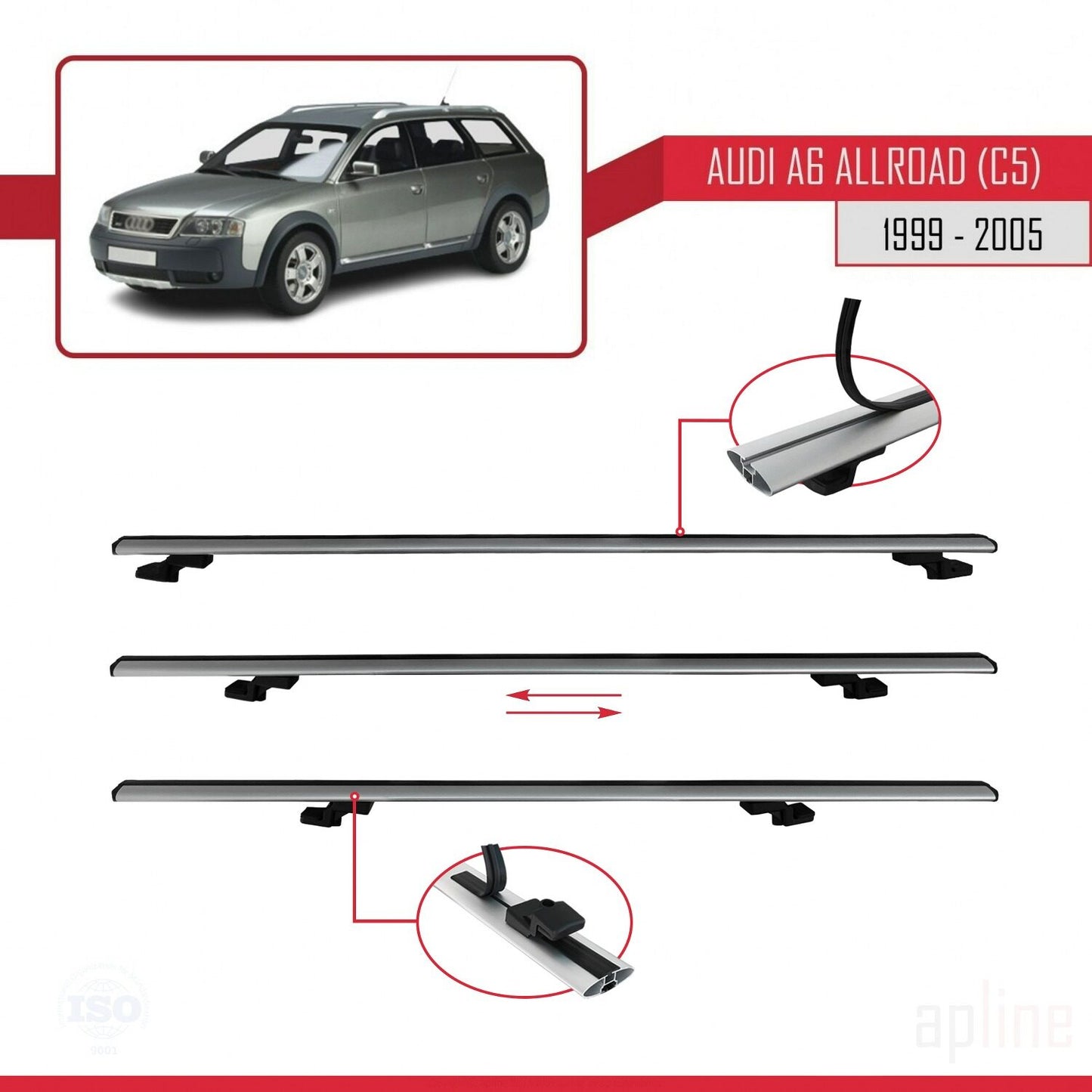 Compatible avec A6 (C5) Allroad 1999-2005 BASIC Model Barres de Toit Railing Porte-Bagages de Voiture Gris Aluminium 2 Barres