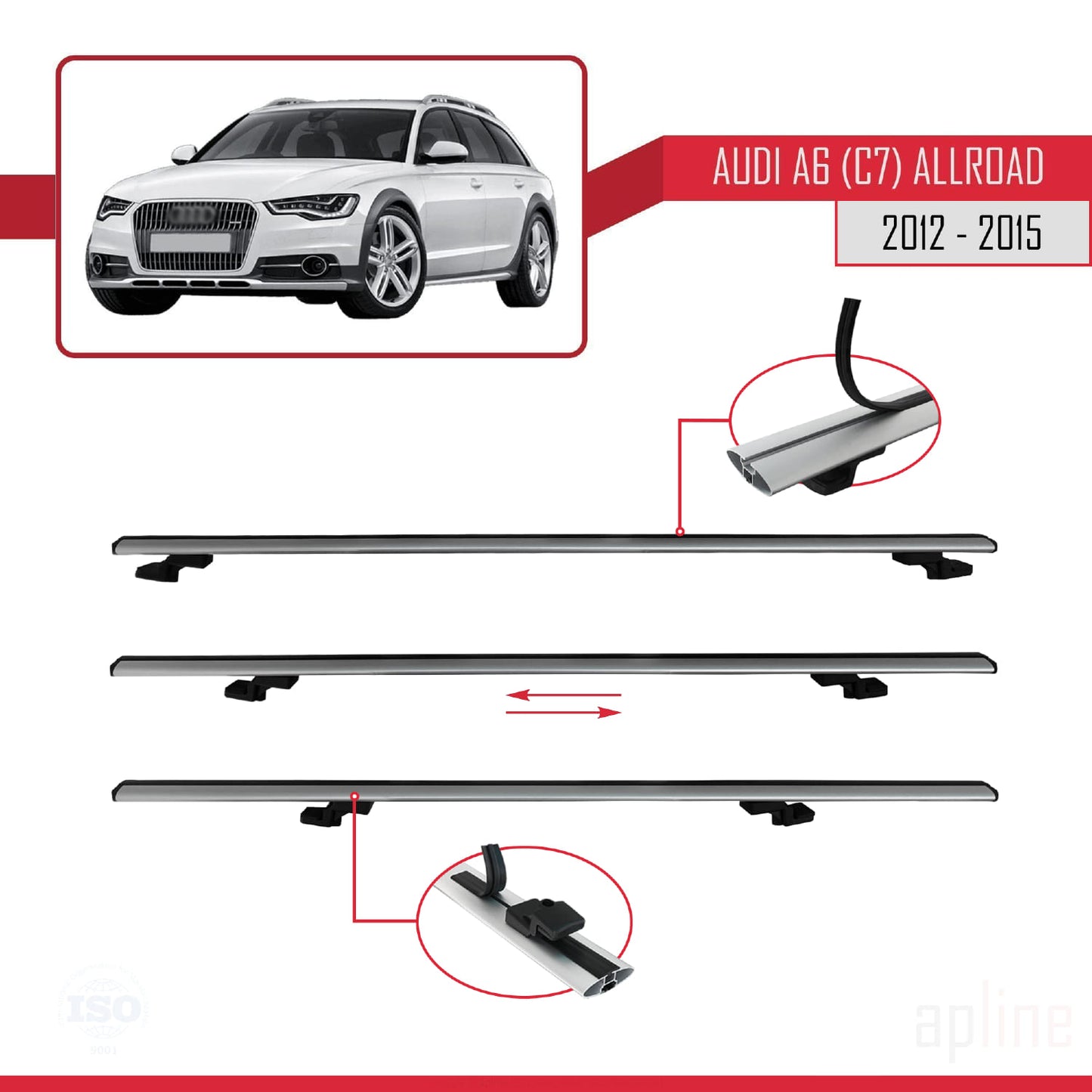 Compatible avec A6 (C7) Allroad 2012-2015 BASIC Model Barres de Toit Railing Porte-Bagages de Voiture Gris Aluminium 2 Barres