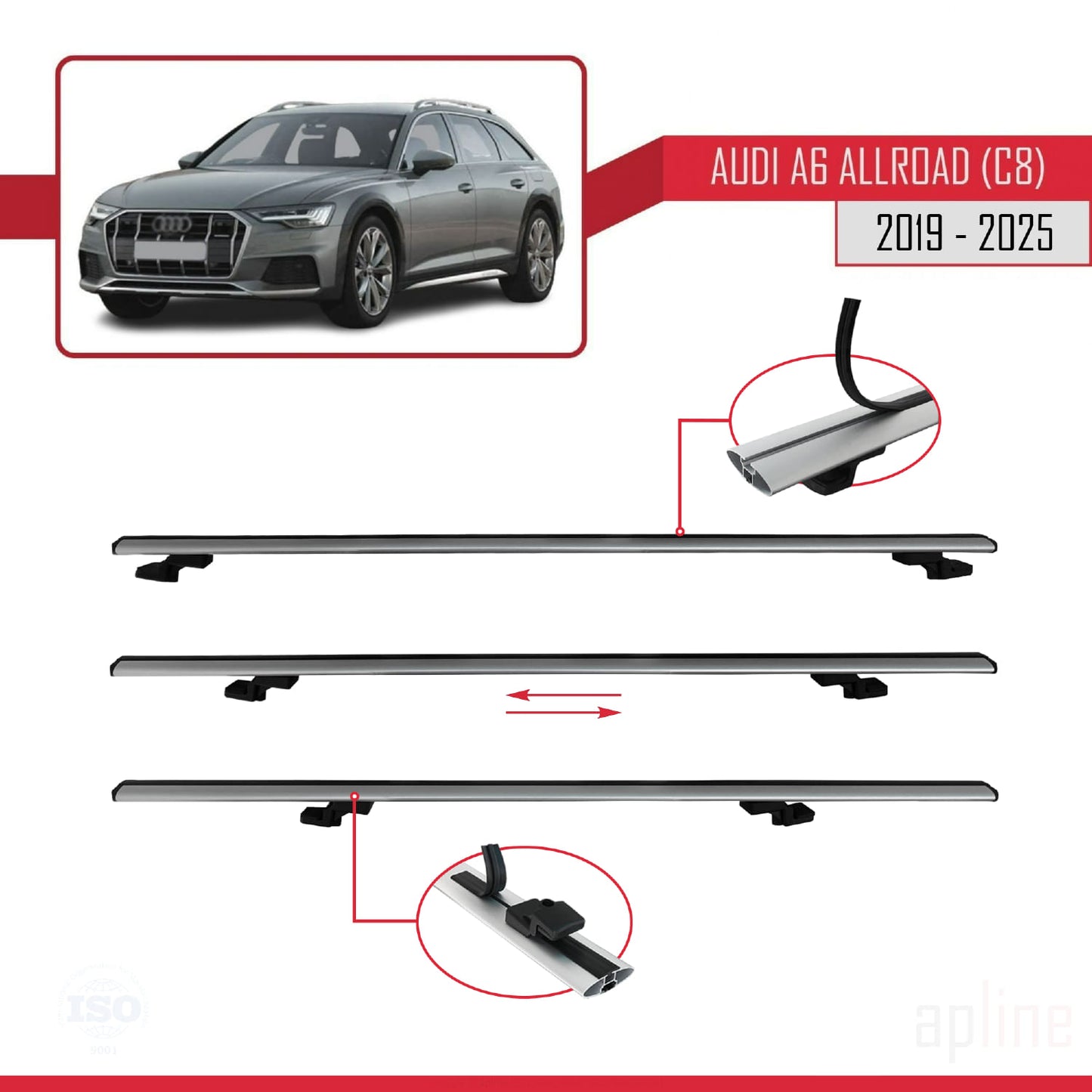 Compatible avec A6 (C8) Allroad 2019-2025 BASIC Model Barres de Toit Railing Porte-Bagages de Voiture Gris Aluminium 2 Barres