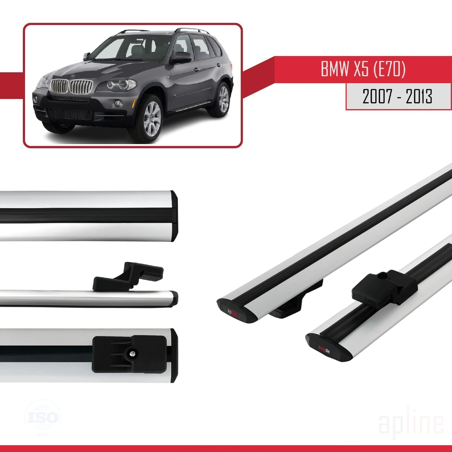 Compatible avec BMW X5 (E70) 2007-2013 BASIC Model Barres de Toit Railing Porte-Bagages de Voiture Gris Aluminium 2 Barres