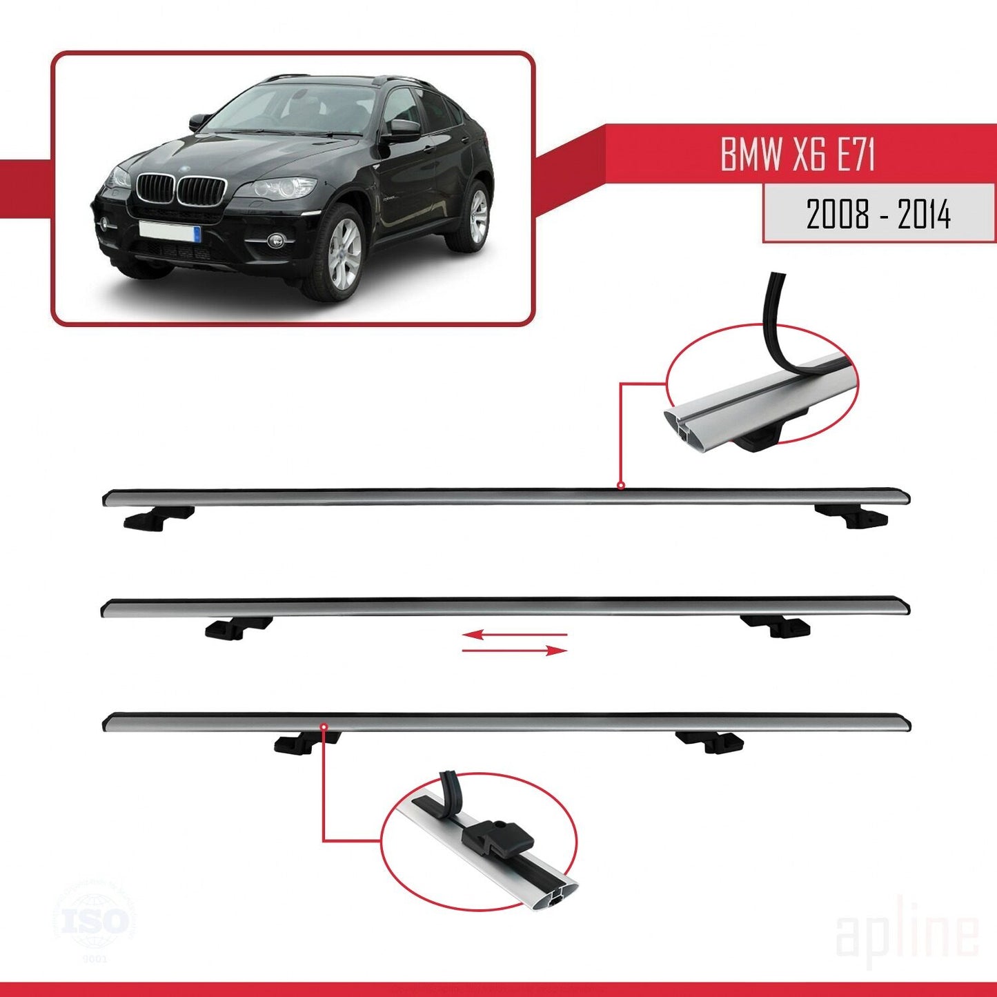 Compatible avec BMW X6 (E71) 2008-2014 BASIC Model Barres de Toit Railing Porte-Bagages de Voiture Gris Aluminium 3 Barres