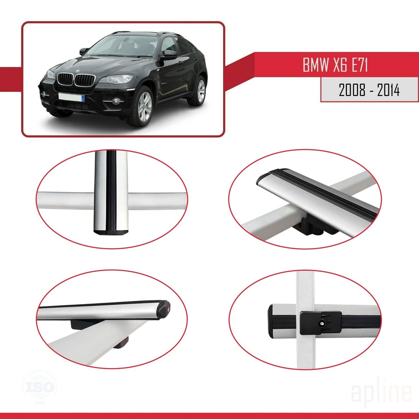 Compatible avec BMW X6 (E71) 2008-2014 BASIC Model Barres de Toit Railing Porte-Bagages de Voiture Gris Aluminium 2 Barres