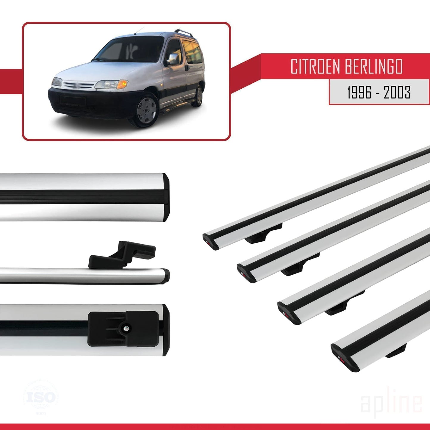 Compatible avec Citroen Berlingo (M49) 1996-2003 BASIC Model Barres de Toit Railing Porte-Bagages de Voiture Gris Aluminium 4 Barres