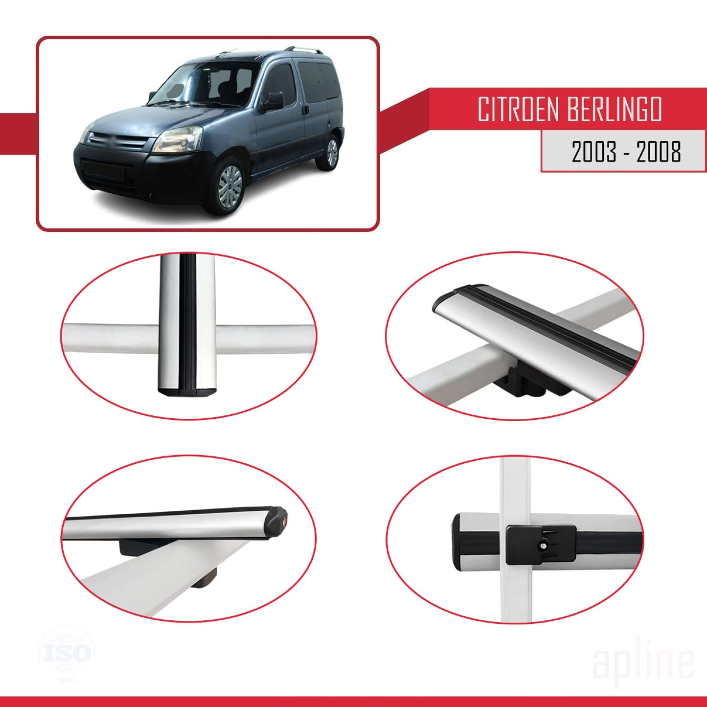 Compatible avec Citroen Berlingo (M59) 2003-2008 BASIC Model Barres de Toit Railing Porte-Bagages de Voiture Gris Aluminium 4 Barres