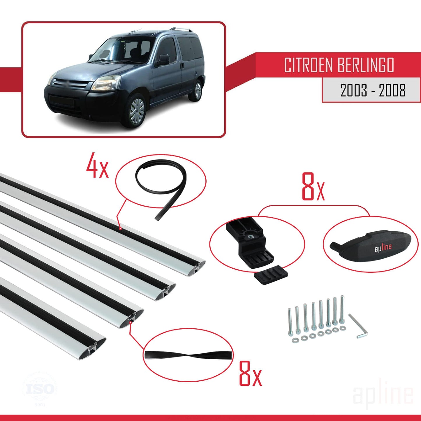 Compatible avec Citroen Berlingo (M59) 2003-2008 BASIC Model Barres de Toit Railing Porte-Bagages de Voiture Gris Aluminium 4 Barres