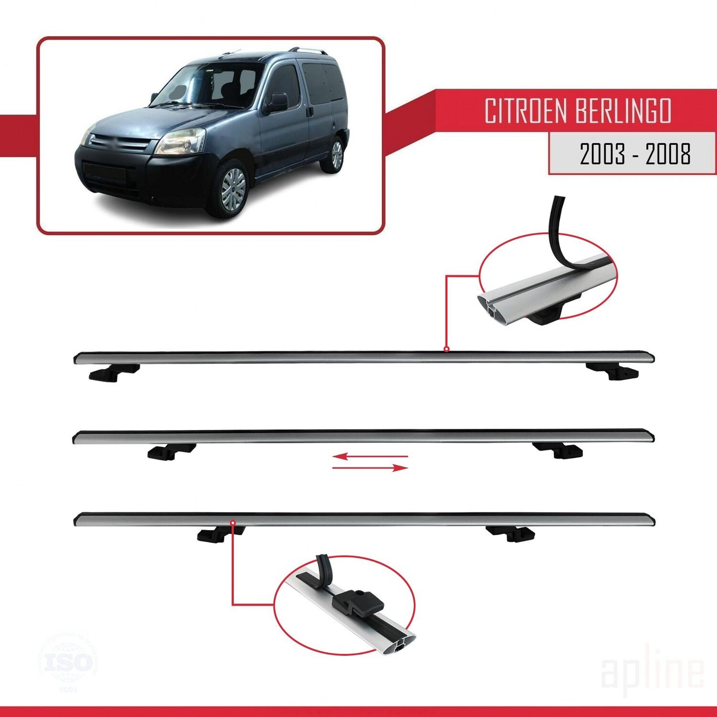 Compatible avec Citroen Berlingo (M59) 2003-2008 BASIC Model Barres de Toit Railing Porte-Bagages de Voiture Gris Aluminium 2 Barres