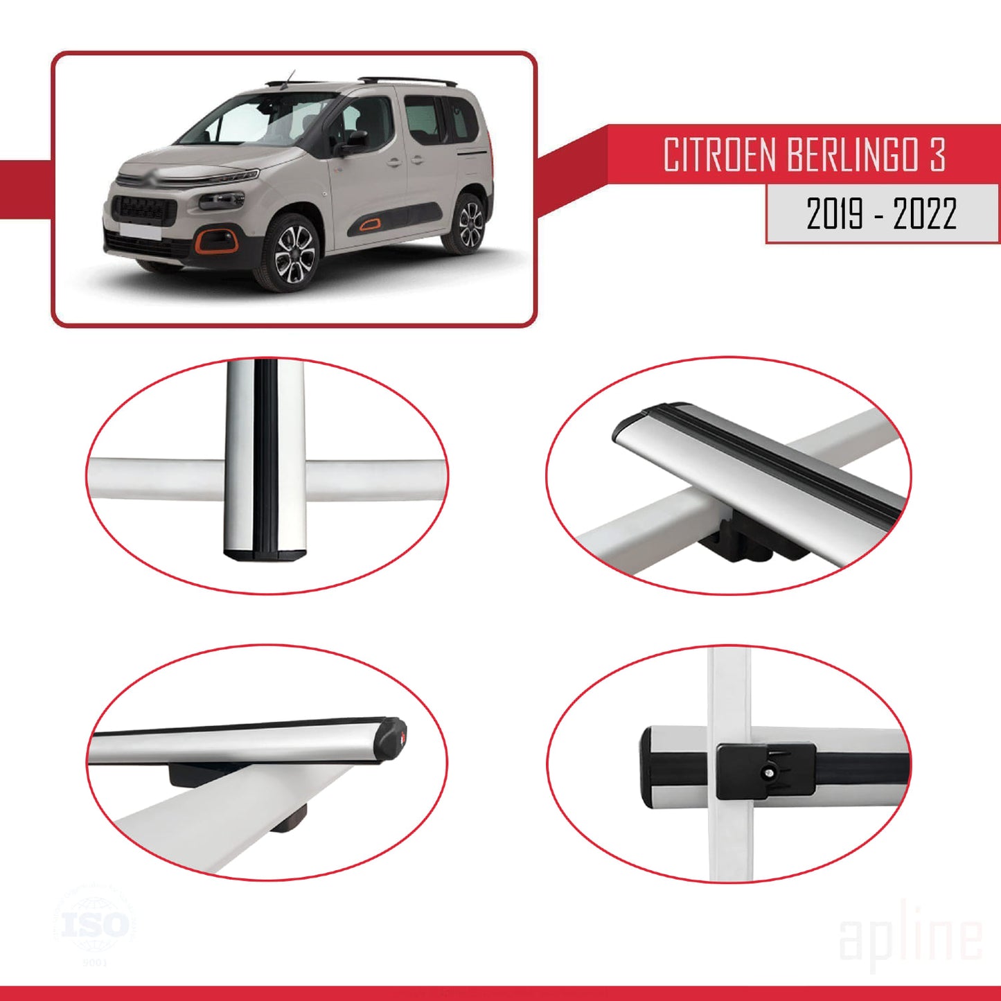 Compatible avec Citroen Berlingo 3 (K9) 2019-2022 BASIC Model Barres de Toit Railing Porte-Bagages de Voiture Gris Aluminium 3 Barres