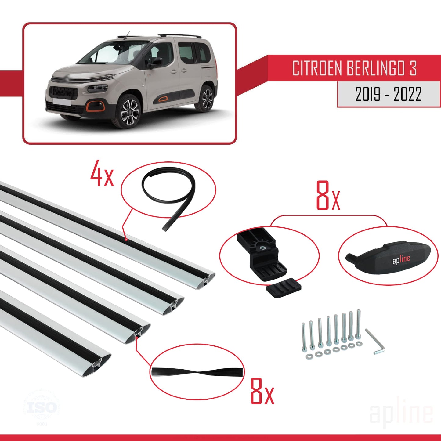 Compatible avec Citroen Berlingo 3 (K9) 2019-2022 BASIC Model Barres de Toit Railing Porte-Bagages de Voiture Gris Aluminium 4 Barres