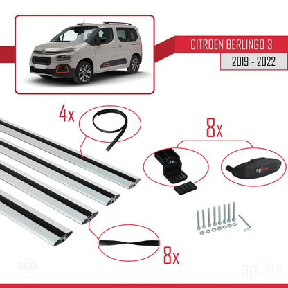 Compatible avec Citroen Berlingo 3 (K9) 2019-2022 BASIC Model Barres de Toit Railing Porte-Bagages de Voiture Gris Aluminium 4 Barres