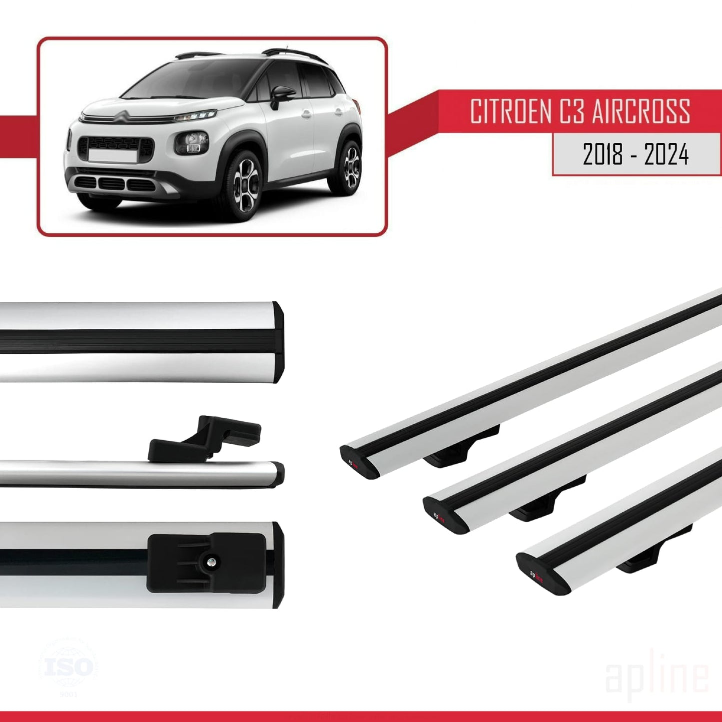 Compatible avec Citroen C3 Aircross (A88) 2018-2024 BASIC Model Barres de Toit Railing Porte-Bagages de Voiture Gris Aluminium 3 Barres