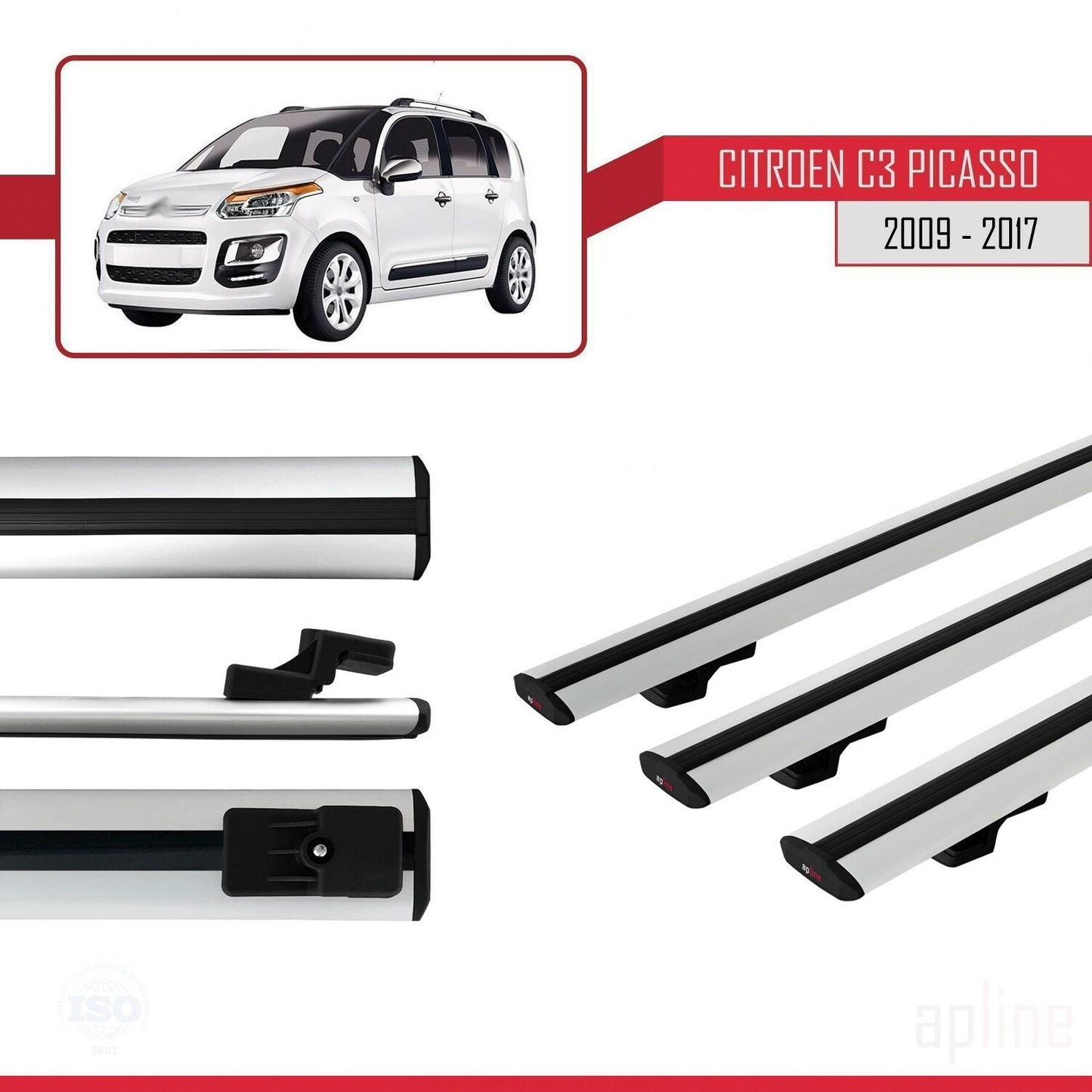 Compatible avec Citroen C3 Picasso 2009-2017 BASIC Model Barres de Toit Railing Porte-Bagages de Voiture Gris Aluminium 3 Barres