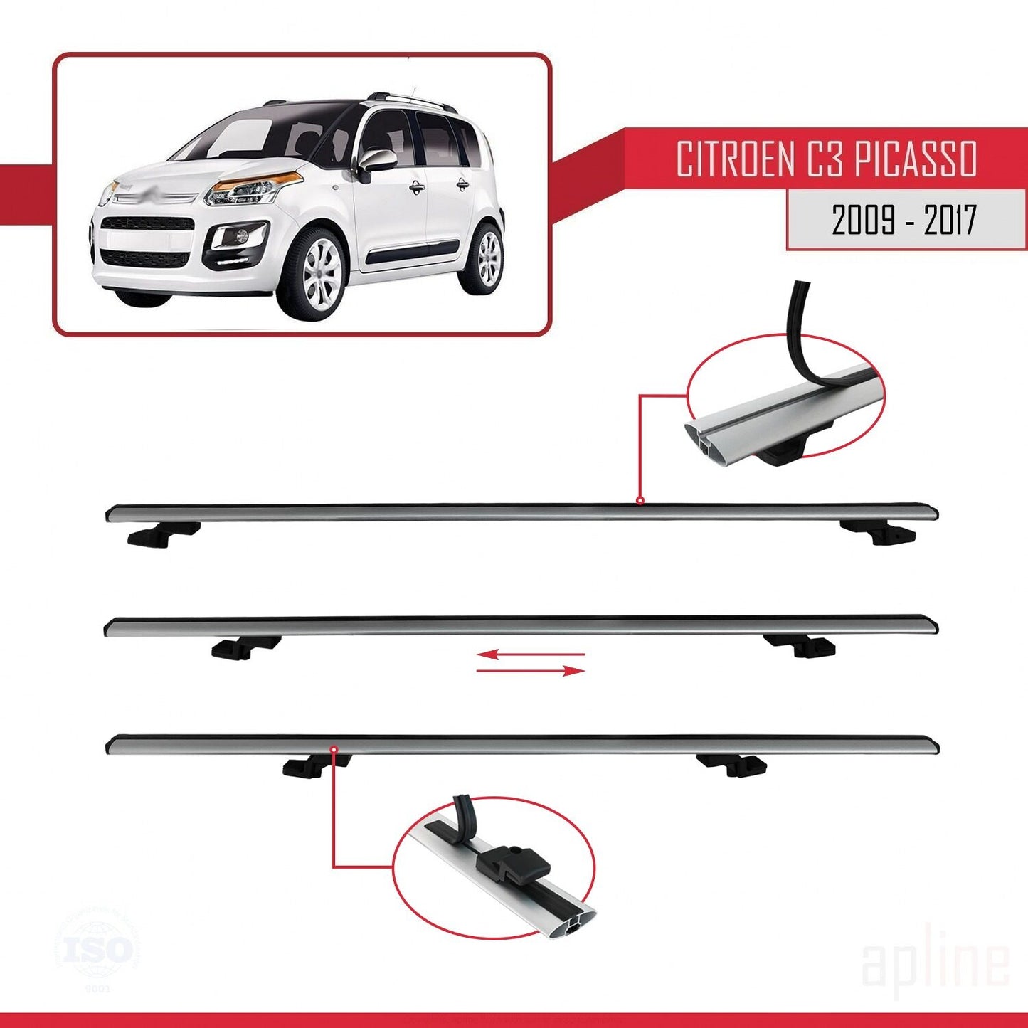 Compatible avec Citroen C3 Picasso 2009-2017 BASIC Model Barres de Toit Railing Porte-Bagages de Voiture Gris Aluminium 3 Barres