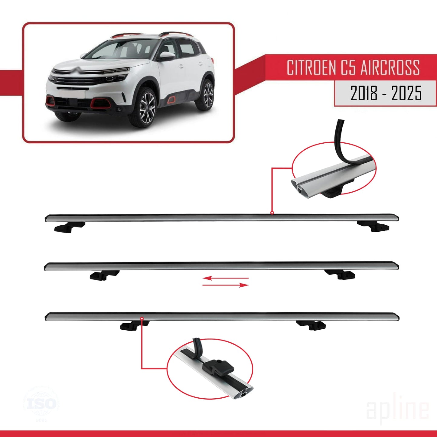 Compatible avec Citroen C5 Aircross 2018-2025 BASIC Model Barres de Toit Railing Porte-Bagages de Voiture Gris Aluminium 2 Barres