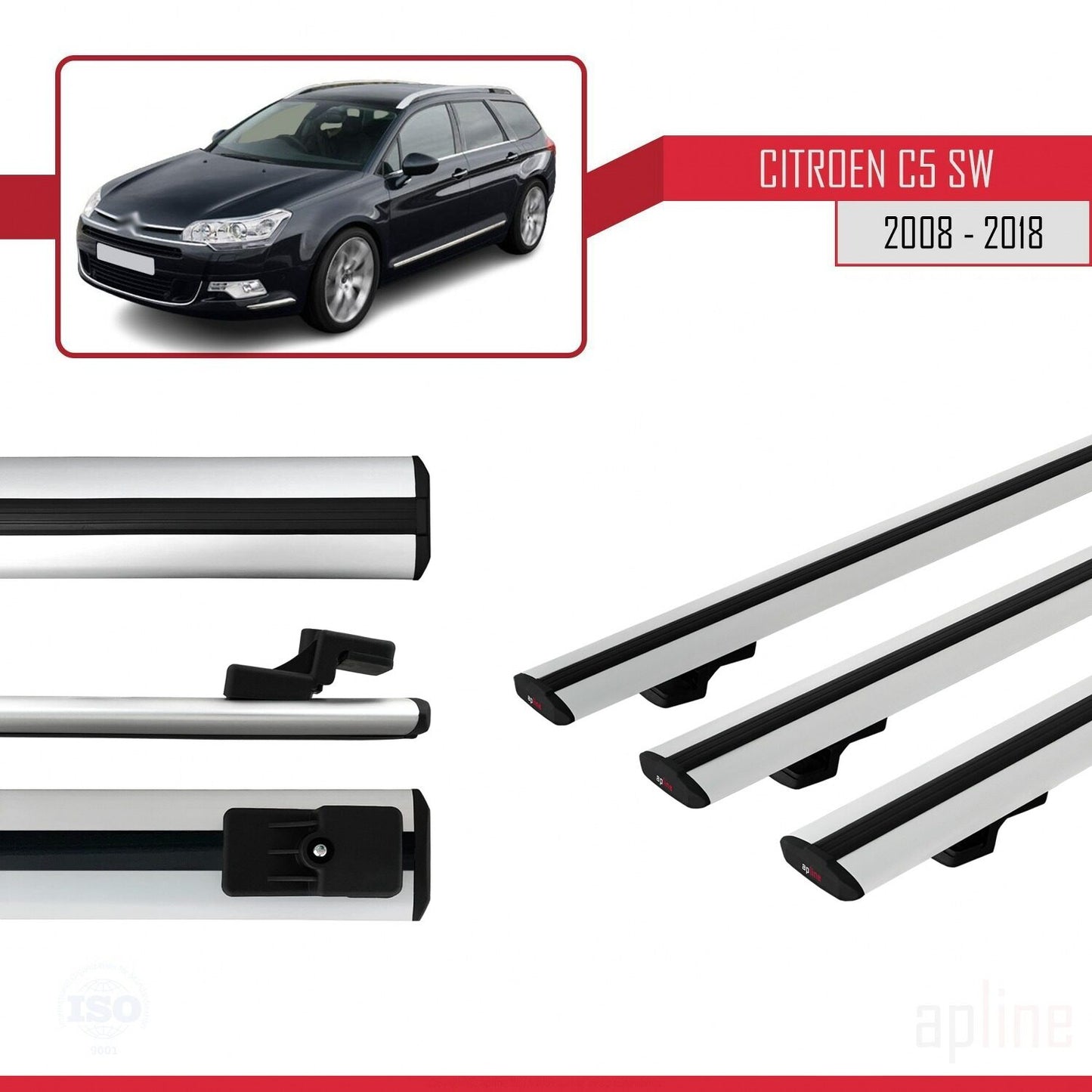Compatible avec Citroen C5 II Tourer 2008-2018 BASIC Model Barres de Toit Railing Porte-Bagages de Voiture Gris Aluminium 3 Barres