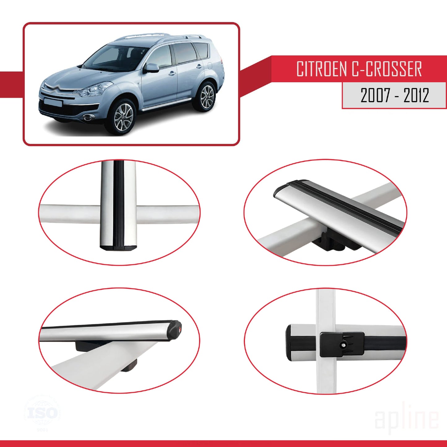 Compatible avec Citroen C-Crosser 2007-2012 BASIC Model Barres de Toit Railing Porte-Bagages de Voiture Gris Aluminium 3 Barres