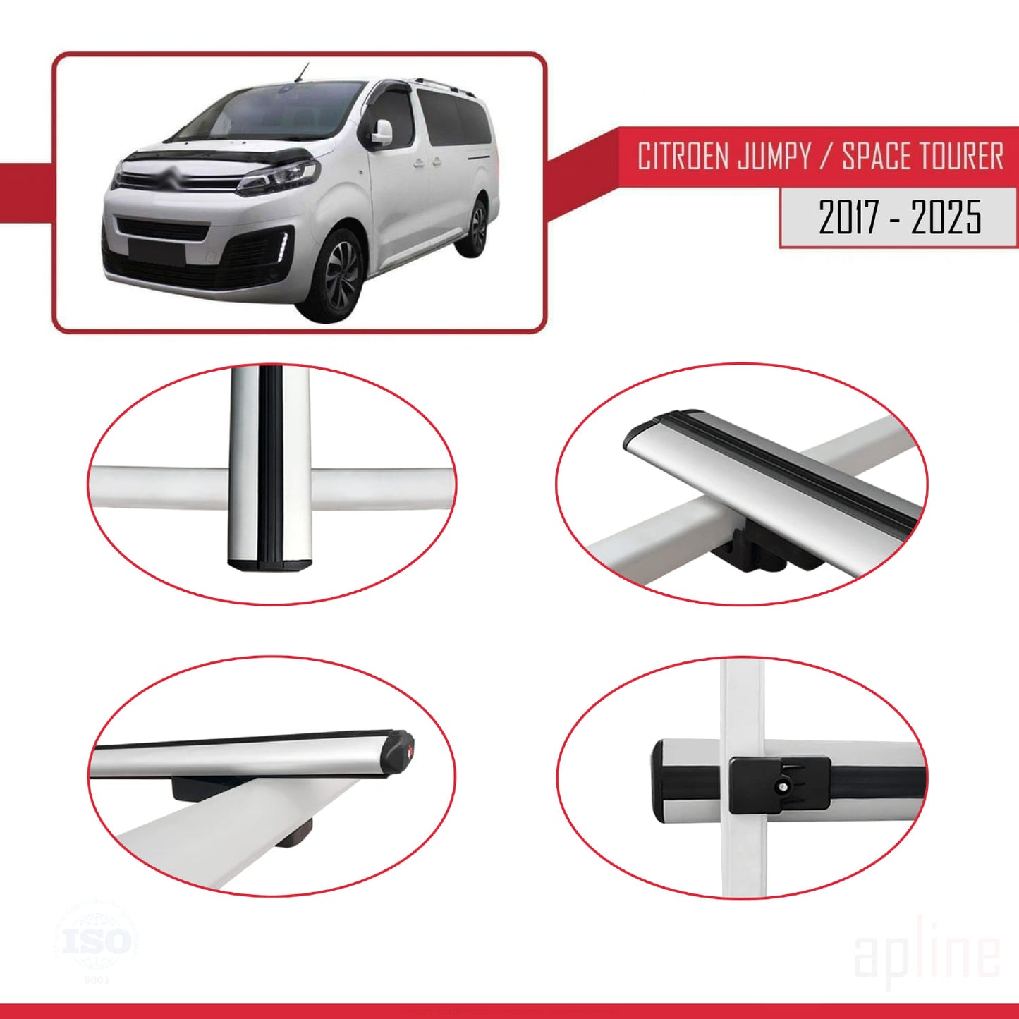 Compatible avec Citroen Jumpy 3 (K0) Space Tourer 2017-2025 BASIC Model Barres de Toit Railing Porte-Bagages de Voiture Gris Aluminium 3 Barres