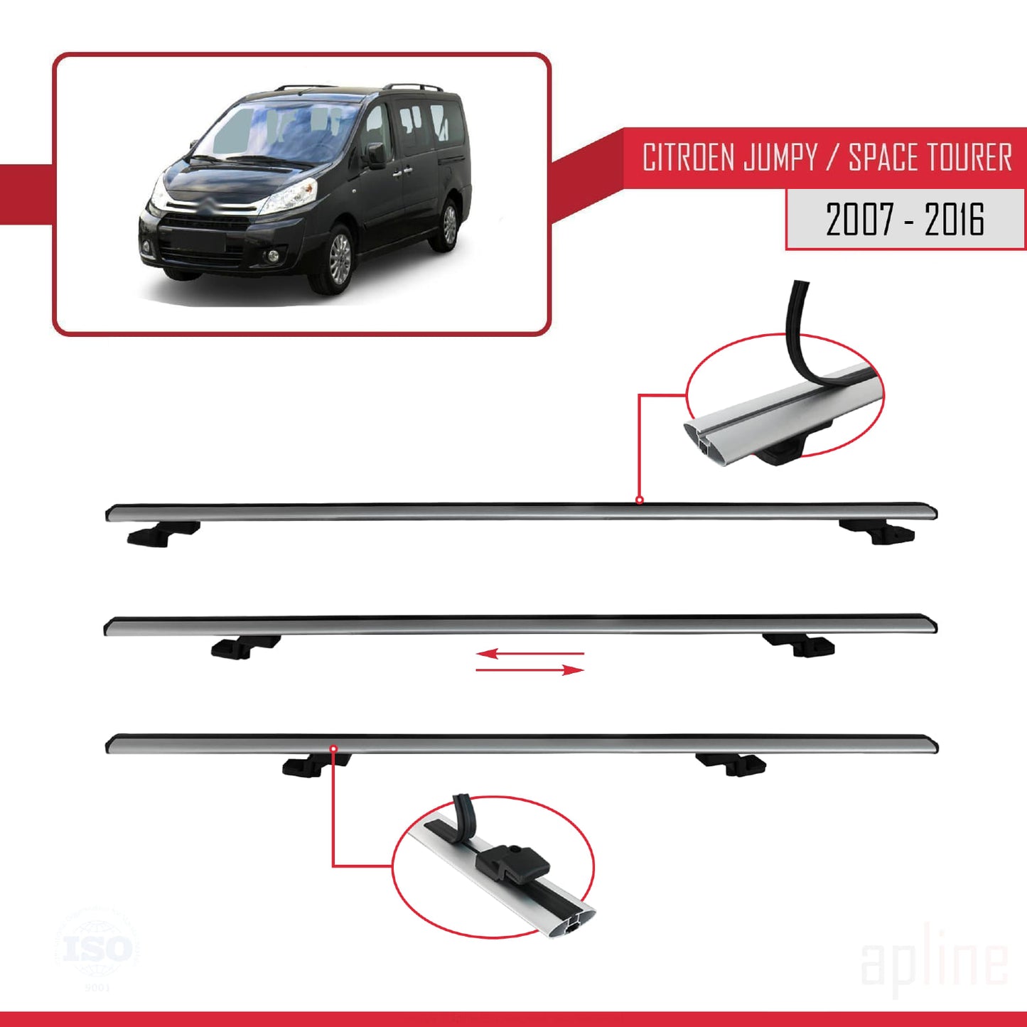 Compatible avec Citroen Jumpy 2 (G9) 2007-2016 BASIC Model Barres de Toit Railing Porte-Bagages de Voiture Gris Aluminium 3 Barres