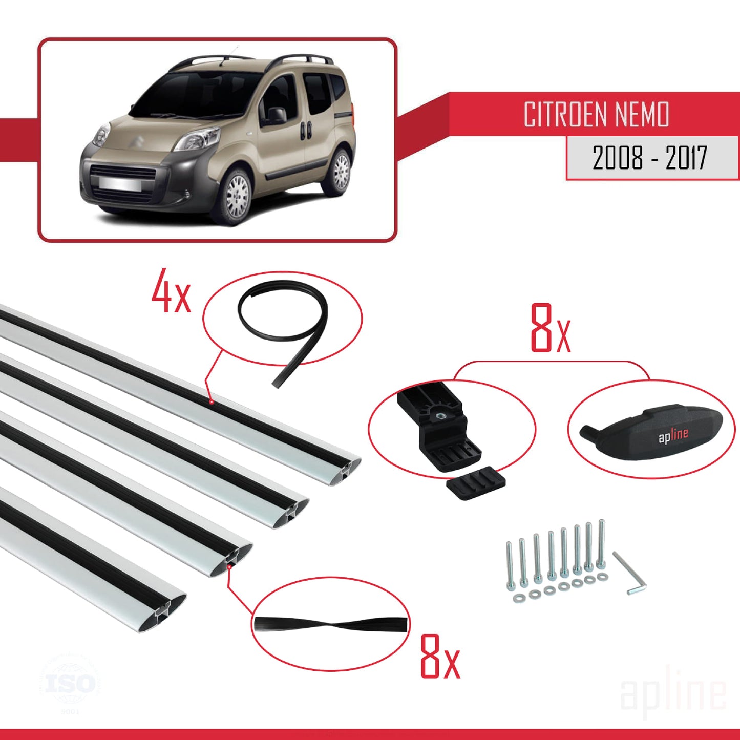 Compatible avec Citroen Nemo 3 (225) 2007-2024 BASIC Model Barres de Toit Railing Porte-Bagages de Voiture Gris Aluminium 4 Barres