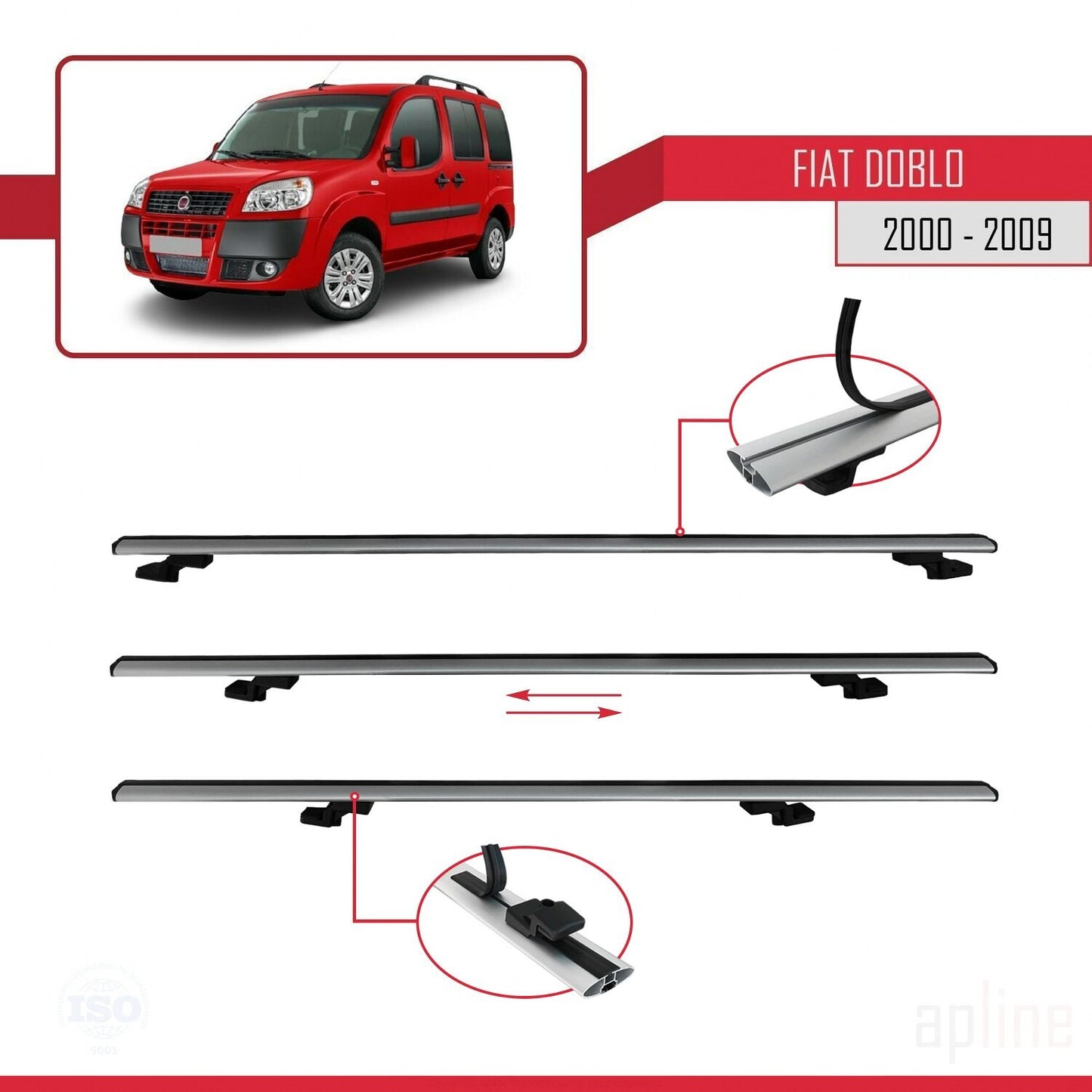 Compatible avec Fiat Doblo 2000-2009 BASIC Model Barres de Toit Railing Porte-Bagages de Voiture Gris Aluminium 3 Barres
