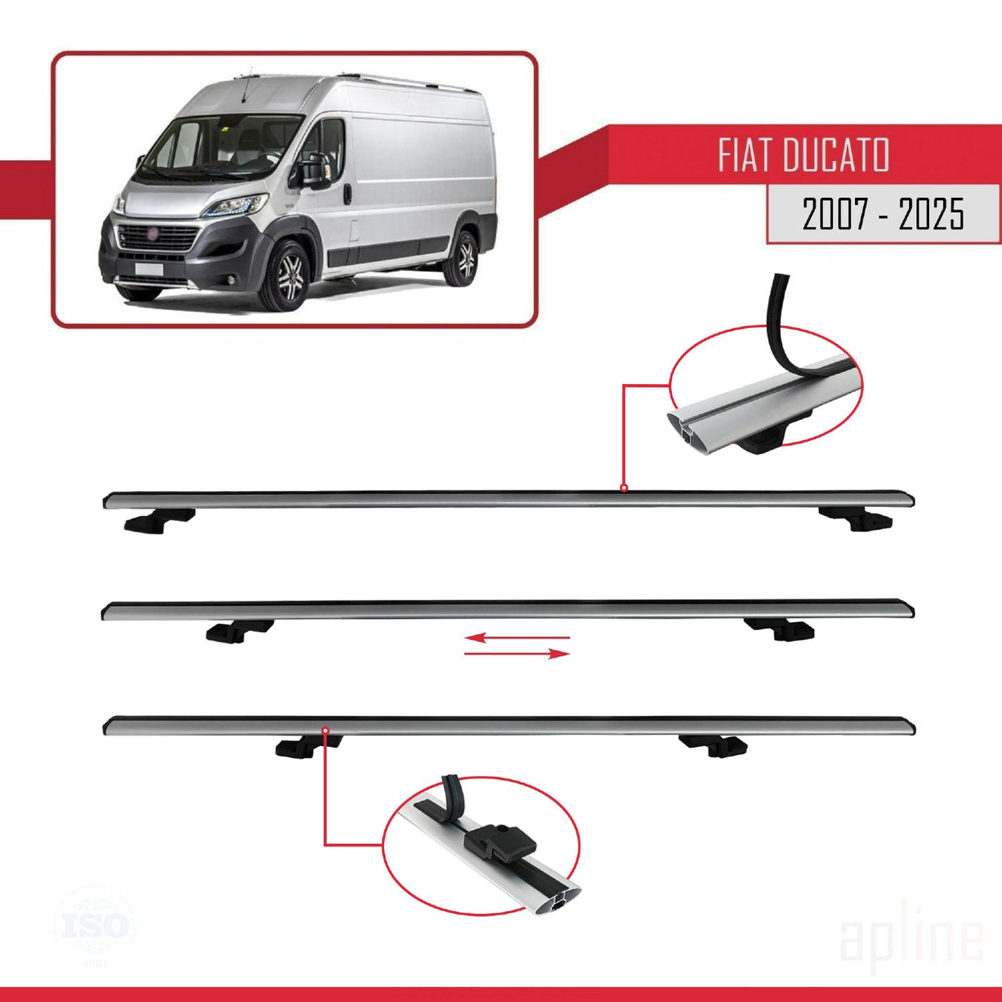 Compatible avec Fiat Ducato 3 2007-2025 BASIC Model Barres de Toit Railing Porte-Bagages de Voiture Gris Aluminium 2 Barres