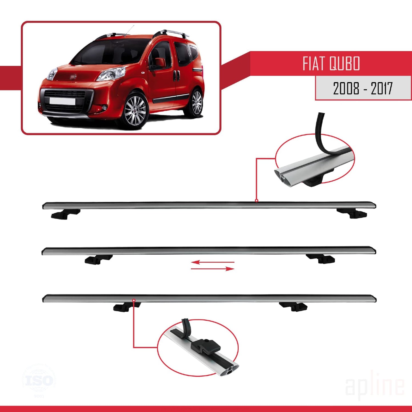 Compatible avec Fiat Qubo 2008-2017 BASIC Model Barres de Toit Railing Porte-Bagages de Voiture Gris Aluminium 4 Barres
