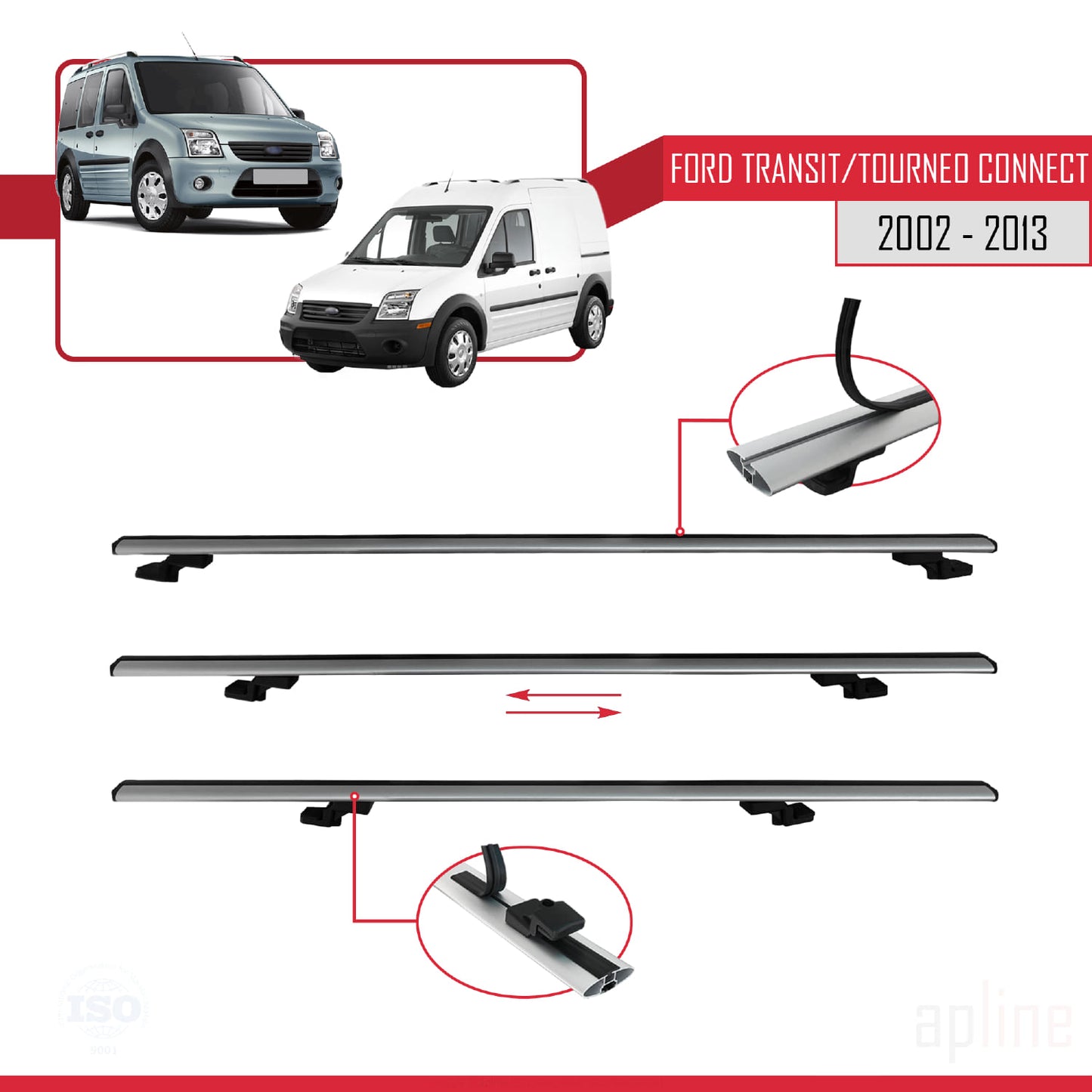 Compatible with Ford Transit/Tourneo Connect 2002-2013 BASIC Model Car Roof Rack Cross Bar Grey Aluminium 2 Bars