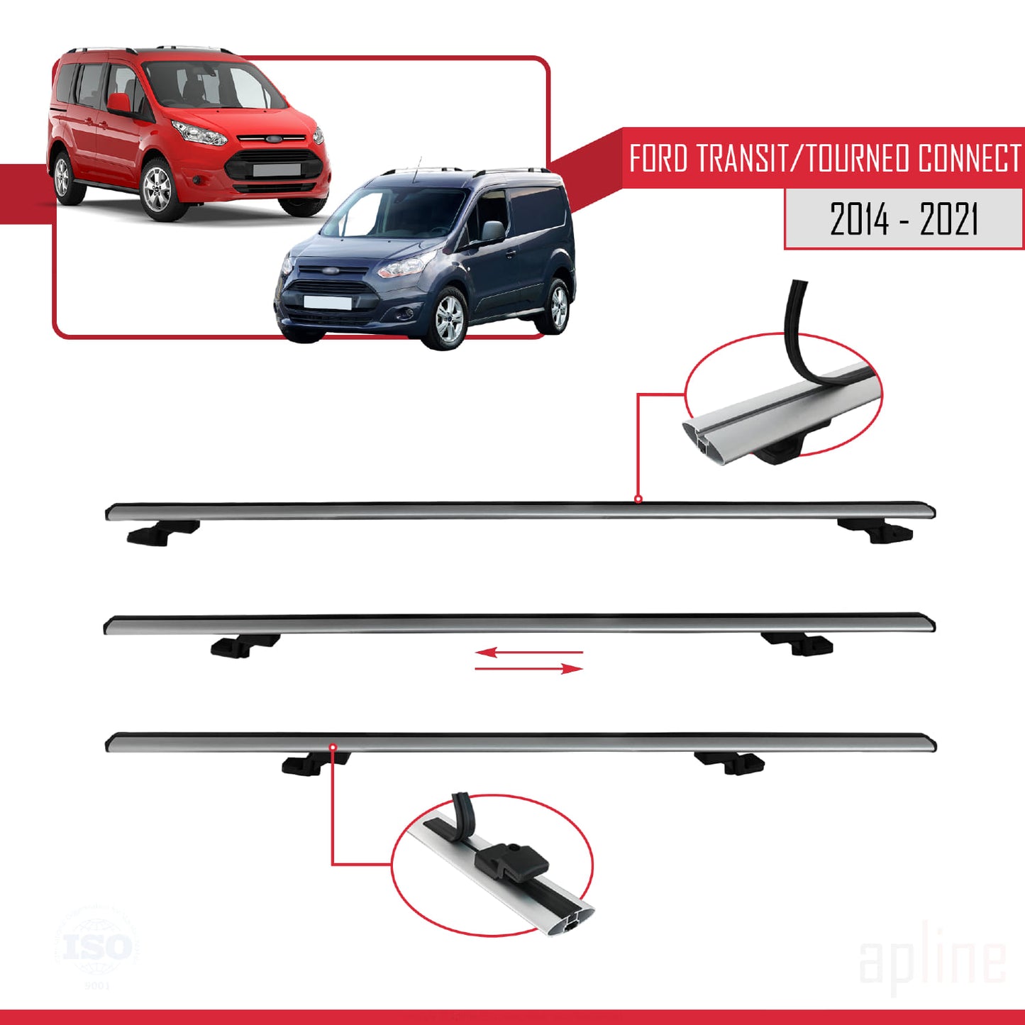 Compatible with Ford Transit/Tourneo Connect 2 2014-2021 BASIC Model Car Roof Rack Cross Bar Grey Aluminium 3 Bars