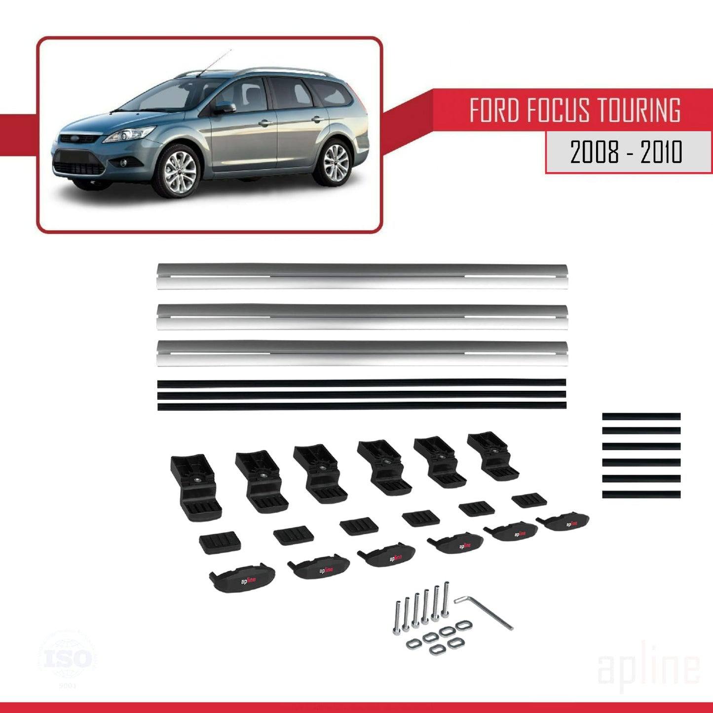 Compatible avec Ford Focus 2 (C307) Turnier 2008-2010 BASIC Model Barres de Toit Railing Porte-Bagages de Voiture Gris Aluminium 3 Barres