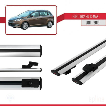 Compatible avec Ford Grand C-Max (C344) 2011-2019 BASIC Model Barres de Toit Railing Porte-Bagages de Voiture Gris Aluminium 2 Barres