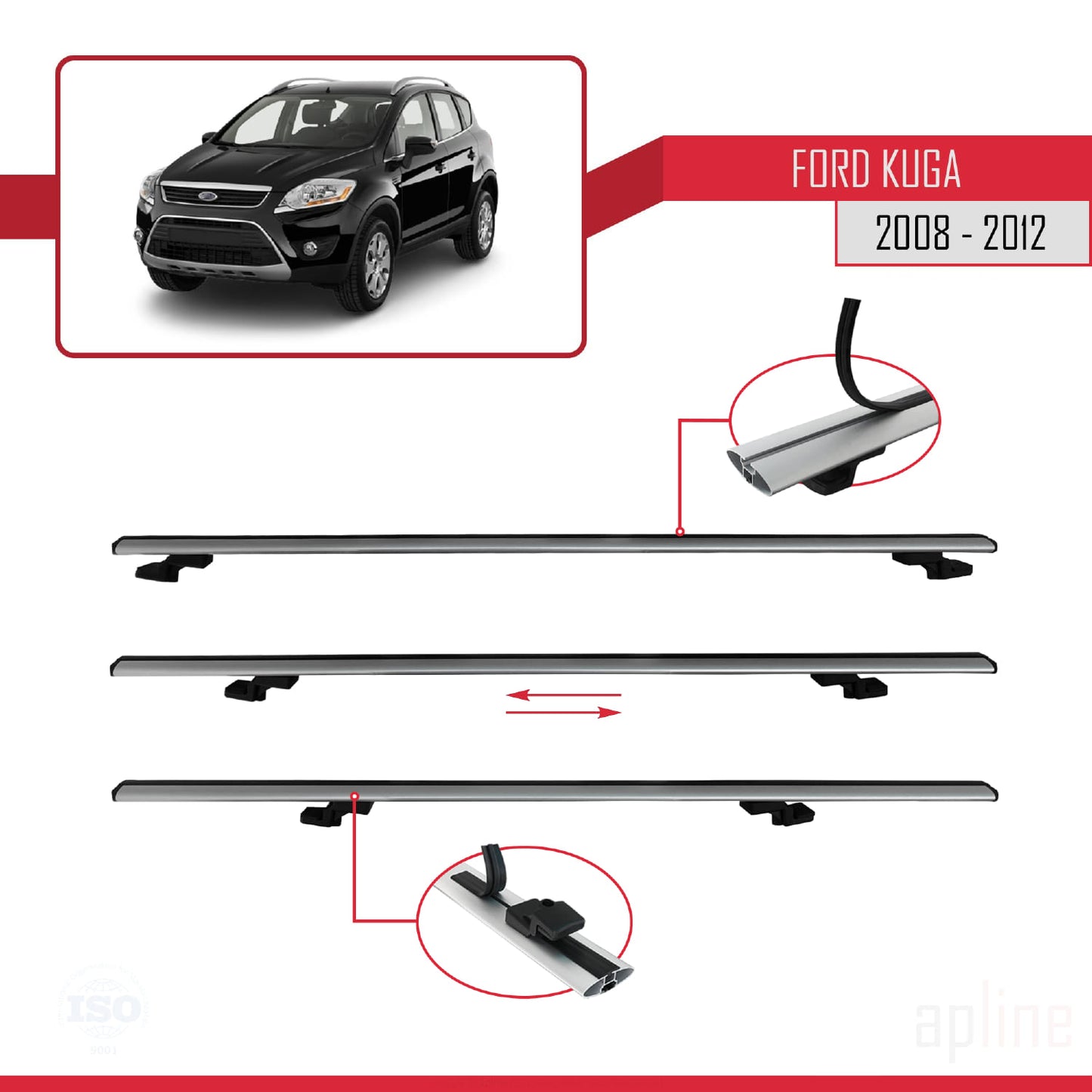 Compatible avec Ford Kuga (C394) 2008-2012 BASIC Model Barres de Toit Railing Porte-Bagages de Voiture Gris Aluminium 3 Barres